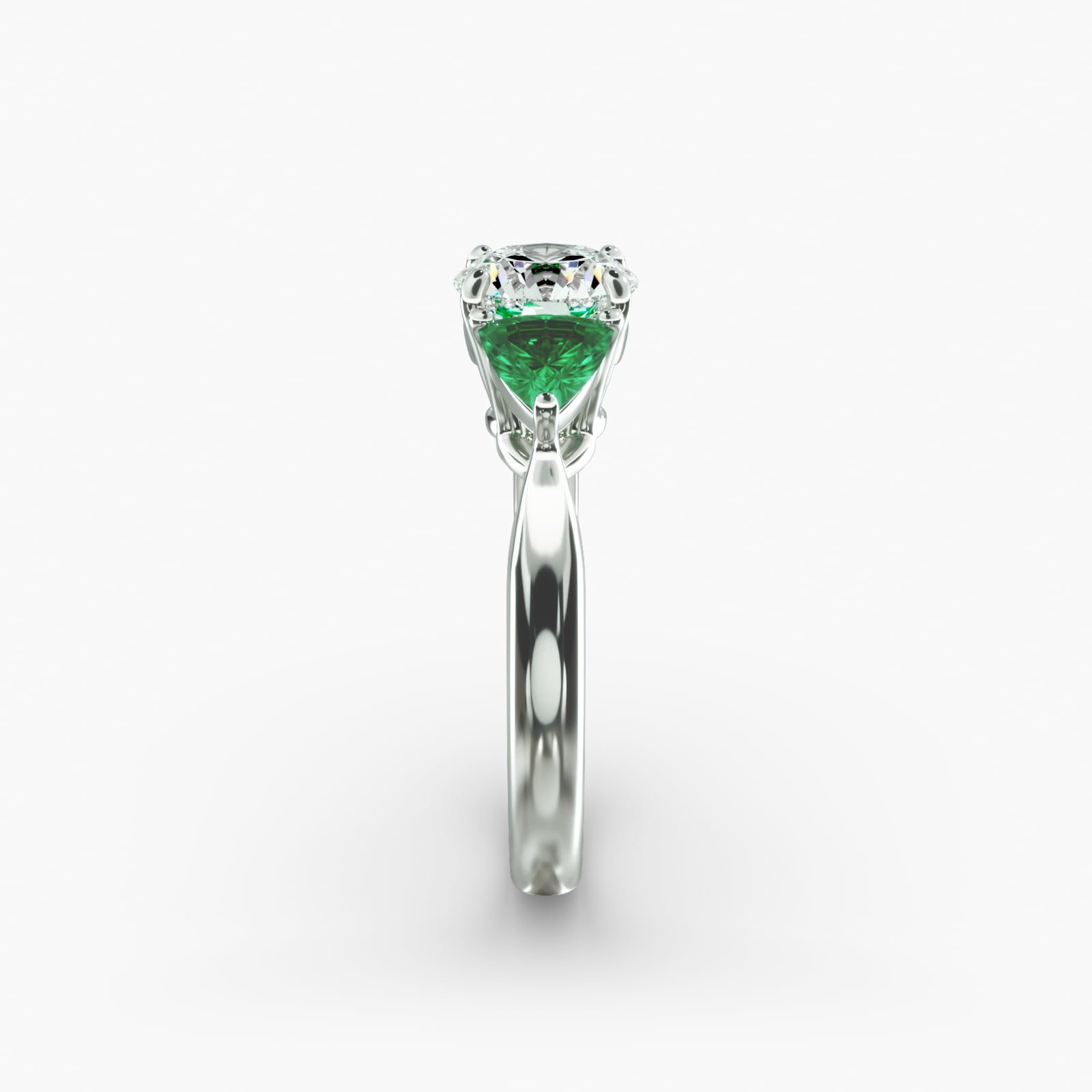 Trillion Cut Emerald Three Stone Engagement Ring In 18K White Gold