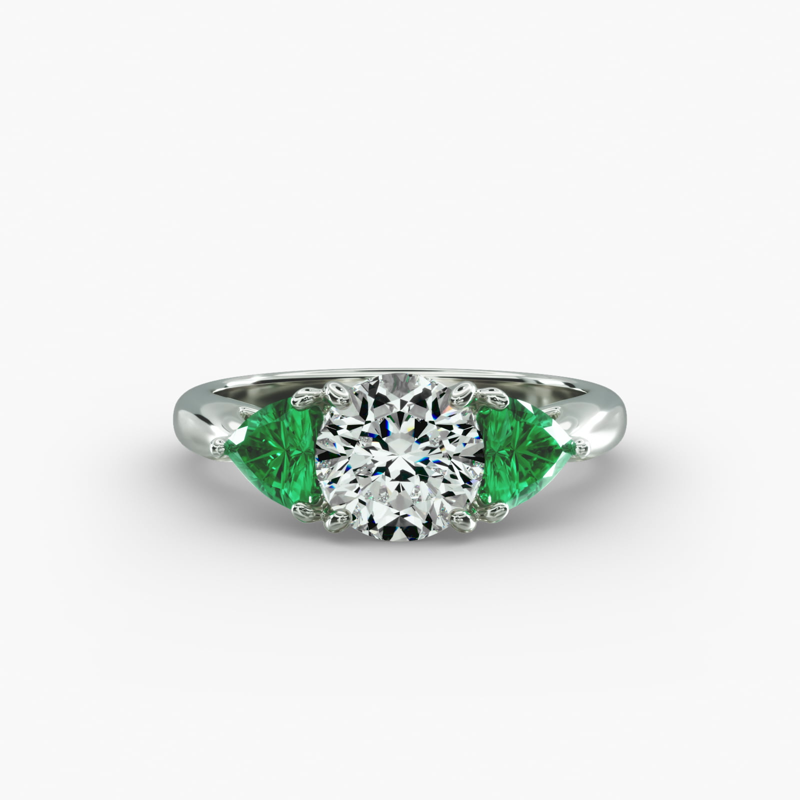Trillion Cut Emerald Three Stone Engagement Ring In 18K White Gold