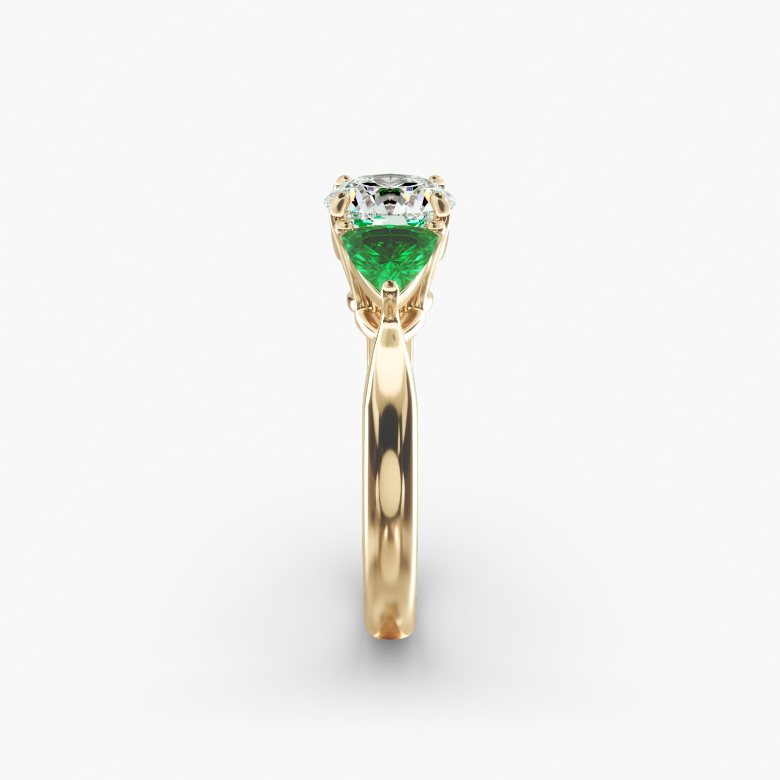 Trillion Cut Emerald Three Stone Engagement Ring In 14K Yellow Gold