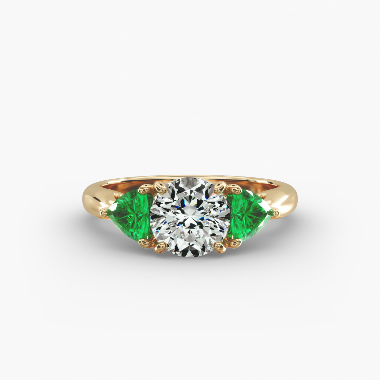 Trillion Cut Emerald Three Stone Engagement Ring In 14K Yellow Gold