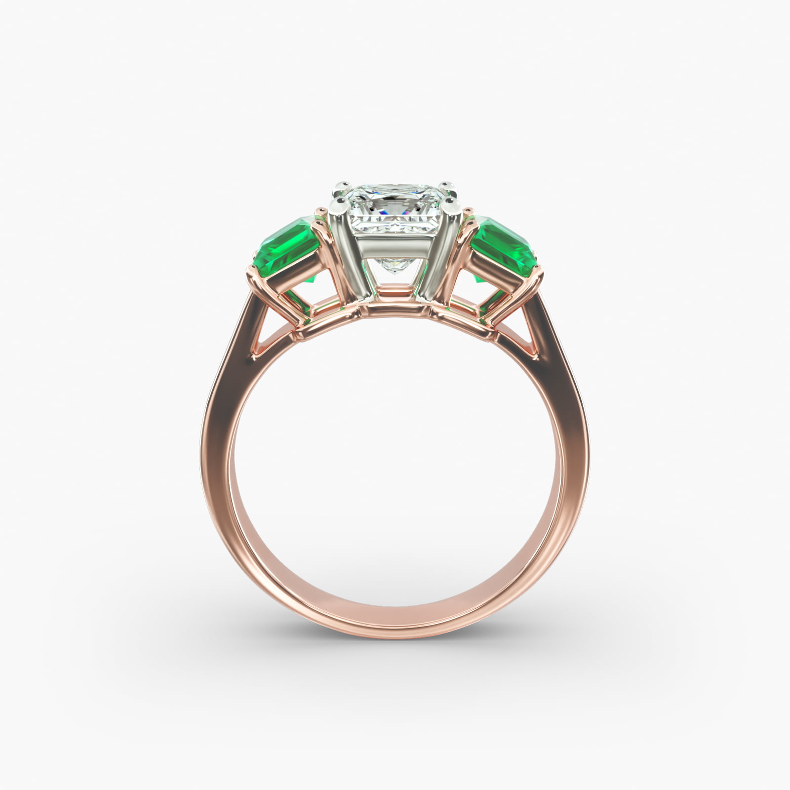 Step-Cut Emerald Three Stone Engagement Ring In 14K Rose Gold