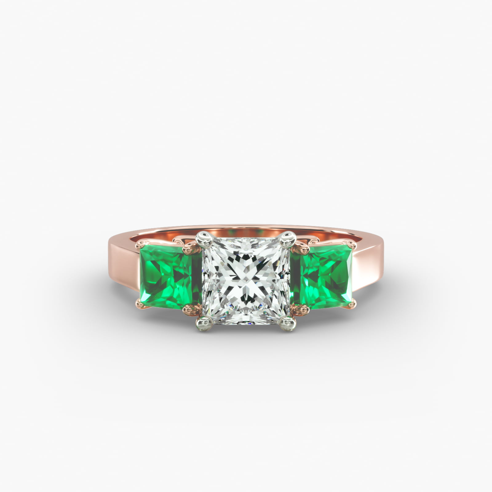 Step-Cut Emerald Three Stone Engagement Ring In 14K Rose Gold