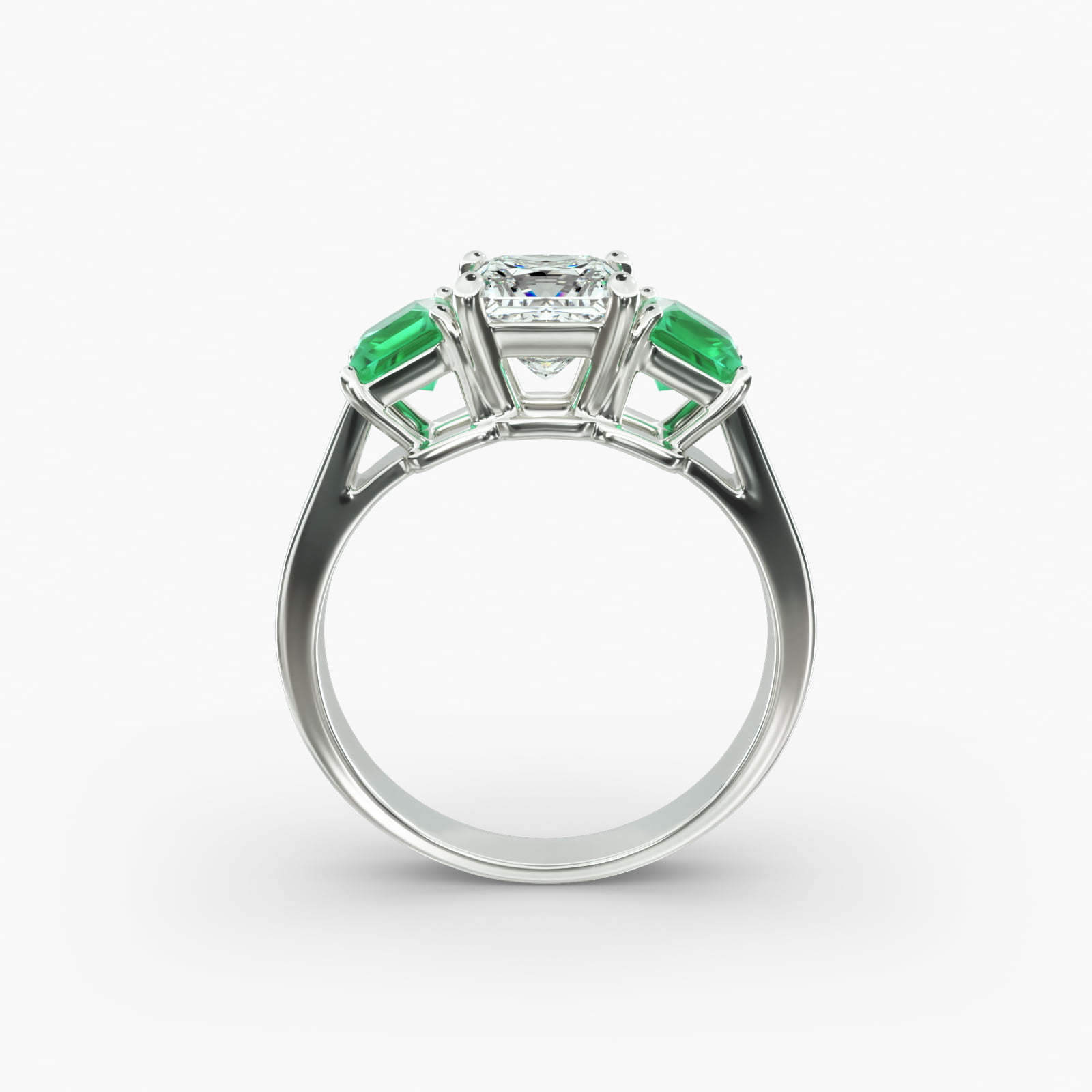 Step-Cut Emerald Three Stone Engagement Ring In 14K White Gold