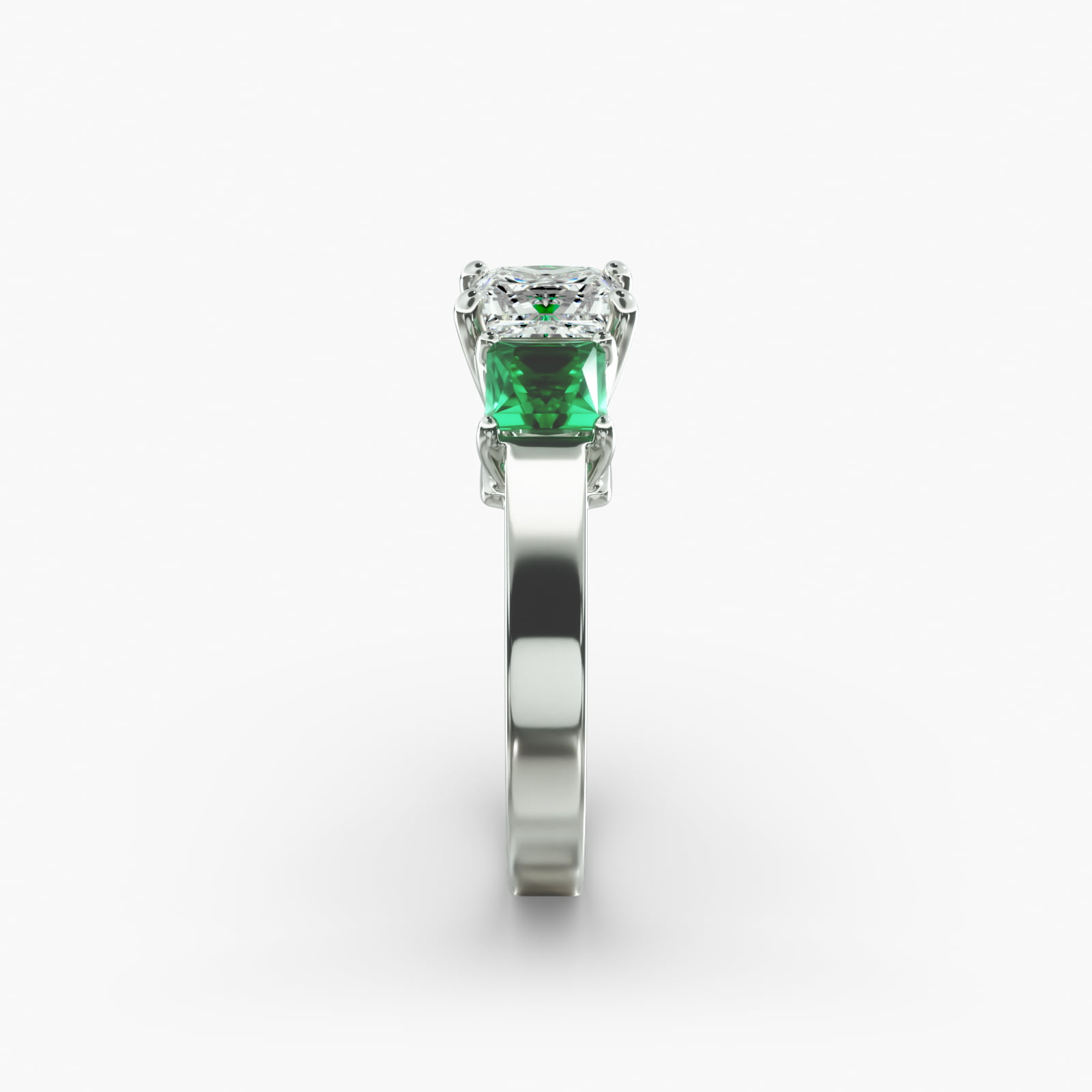 Step-Cut Emerald Three Stone Engagement Ring In 14K White Gold