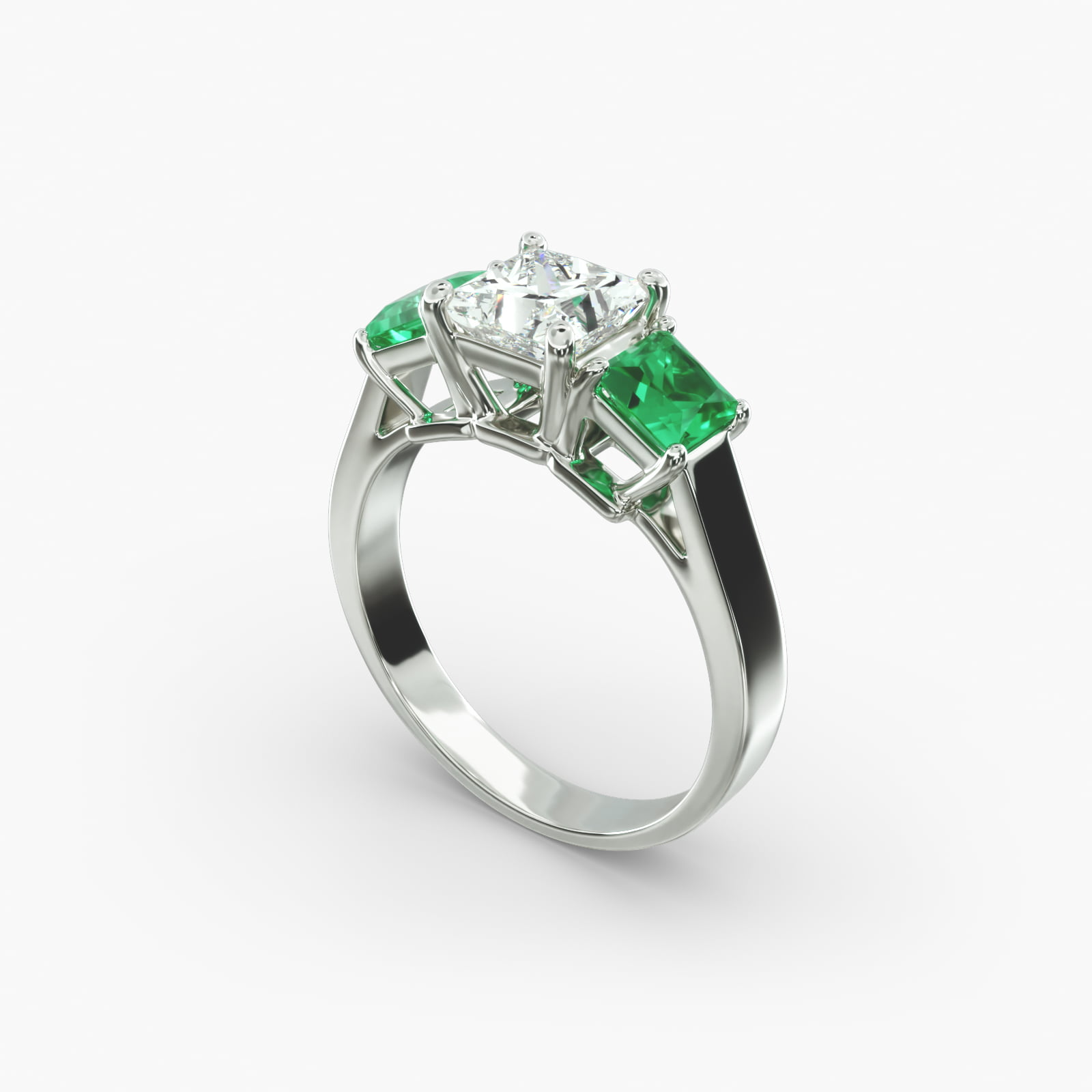 Step-Cut Emerald Three Stone Engagement Ring In 18K White Gold-11160w
