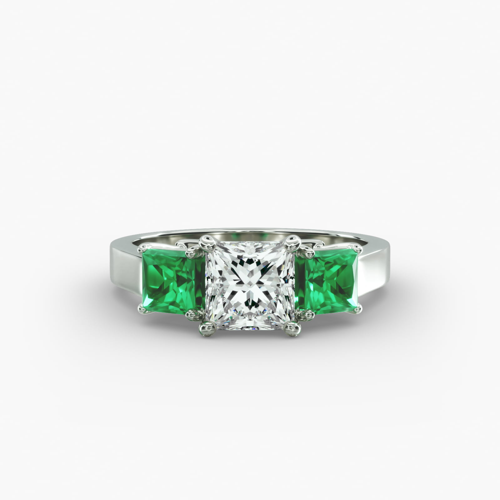 Step-Cut Emerald Three Stone Engagement Ring In 14K White Gold