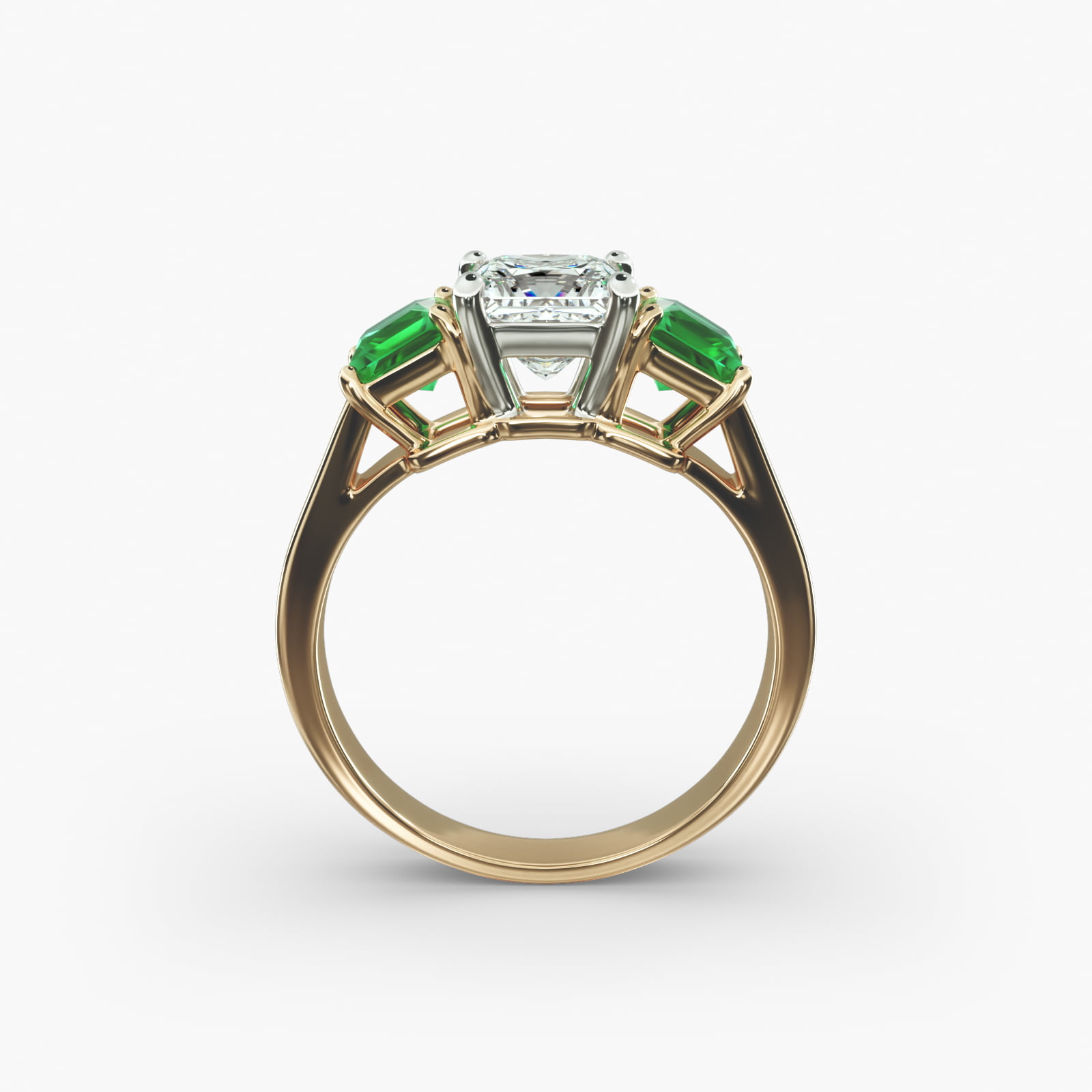 Step-Cut Emerald Three Stone Engagement Ring In 14K Yellow Gold