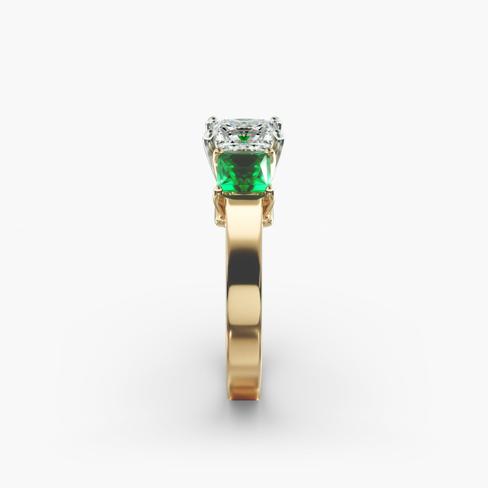 Step-Cut Emerald Three Stone Engagement Ring In 14K Yellow Gold