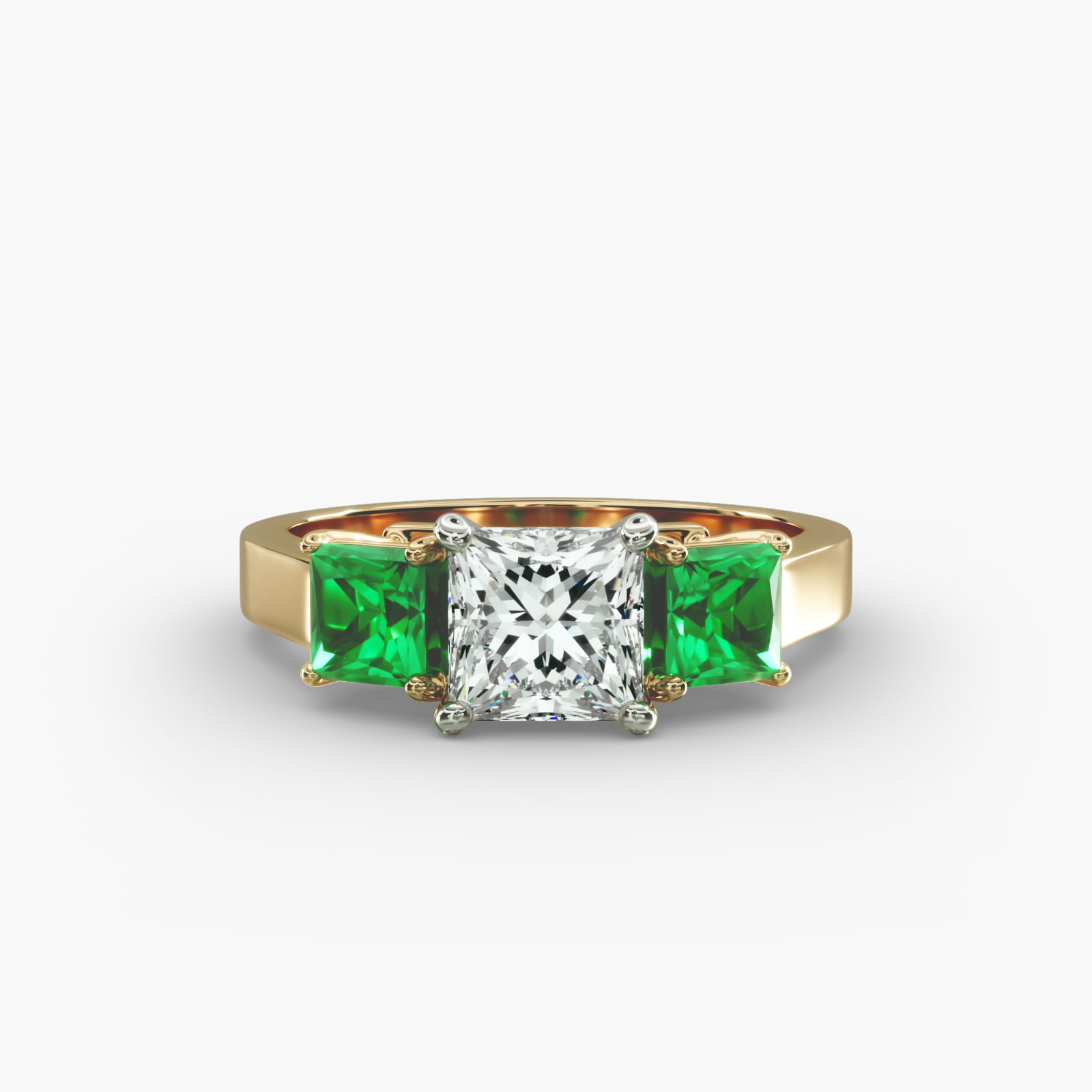 Step-Cut Emerald Three Stone Engagement Ring In 14K Yellow Gold