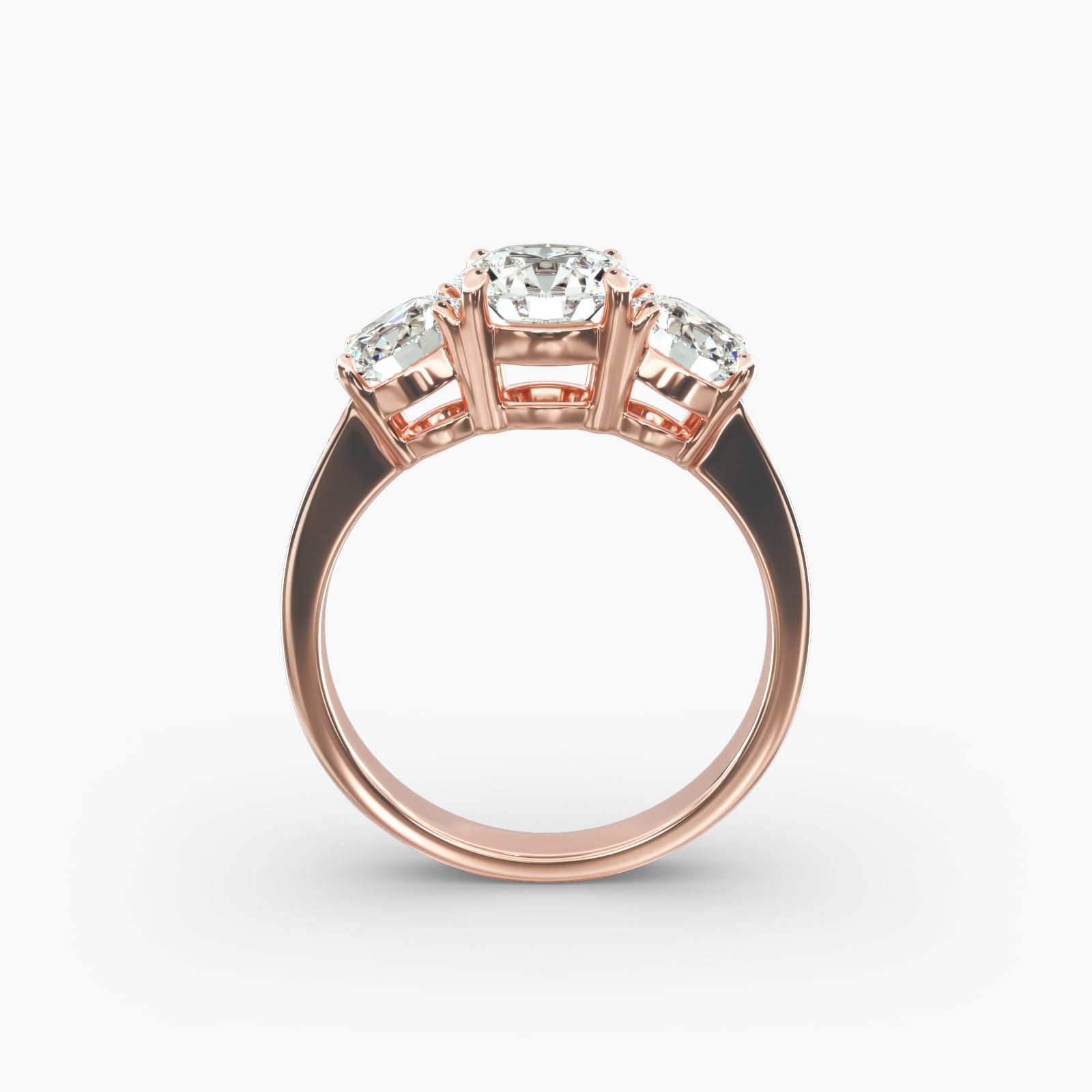 Round Diamond Three Stone Engagement Ring With Pavé Set Diamonds In 14K Rose Gold