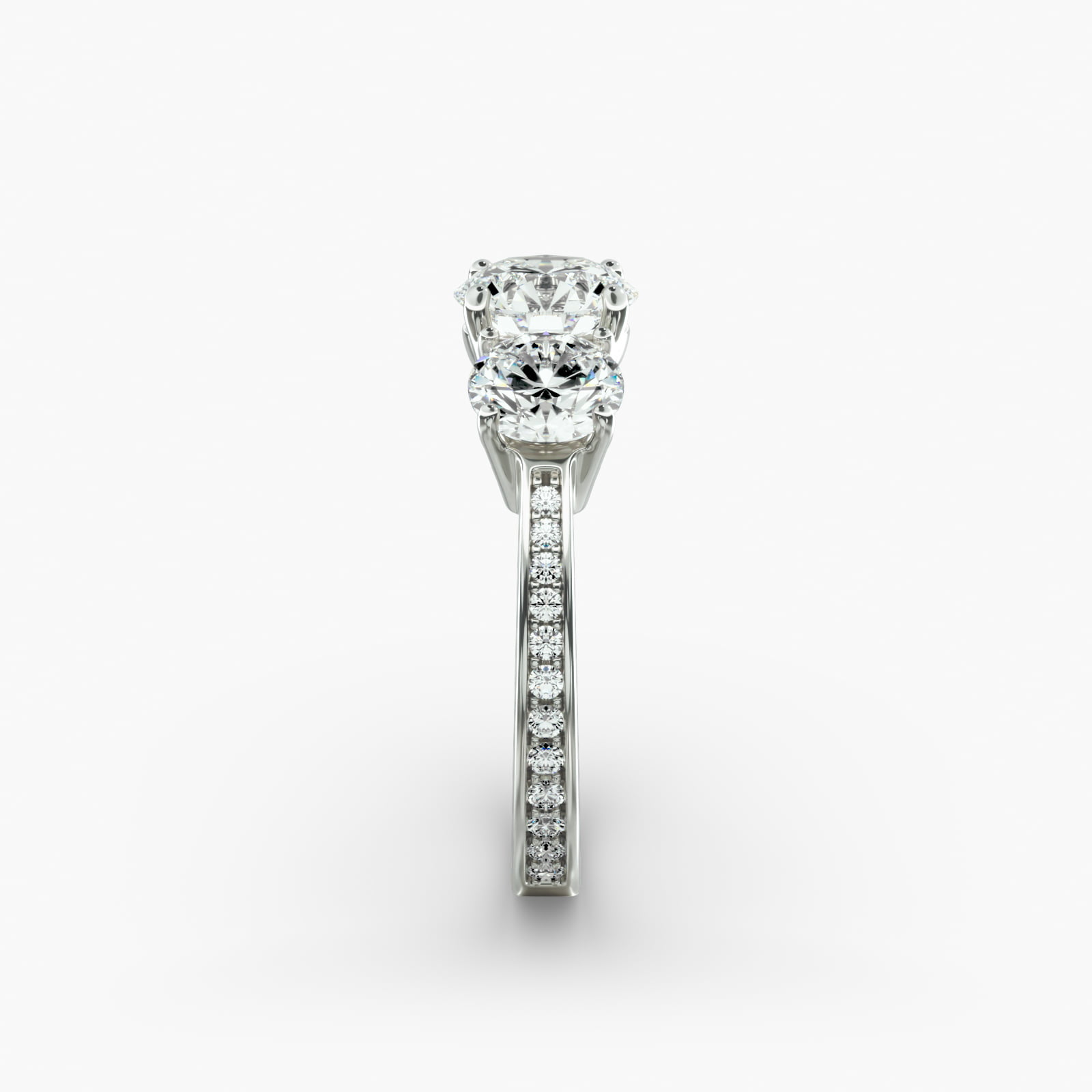 Round Diamond Three Stone Engagement Ring With Pavé Set Diamonds In 14K White Gold
