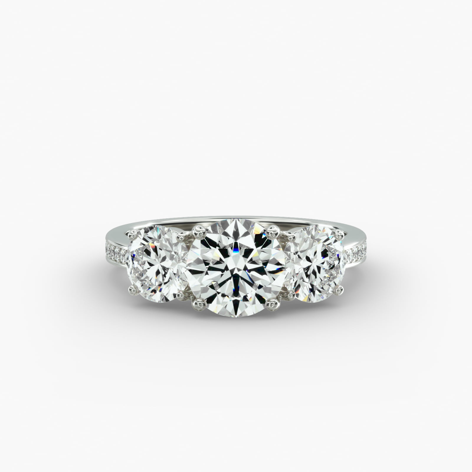 Round Diamond Three Stone Engagement Ring With Pavé Set Diamonds In 14K White Gold