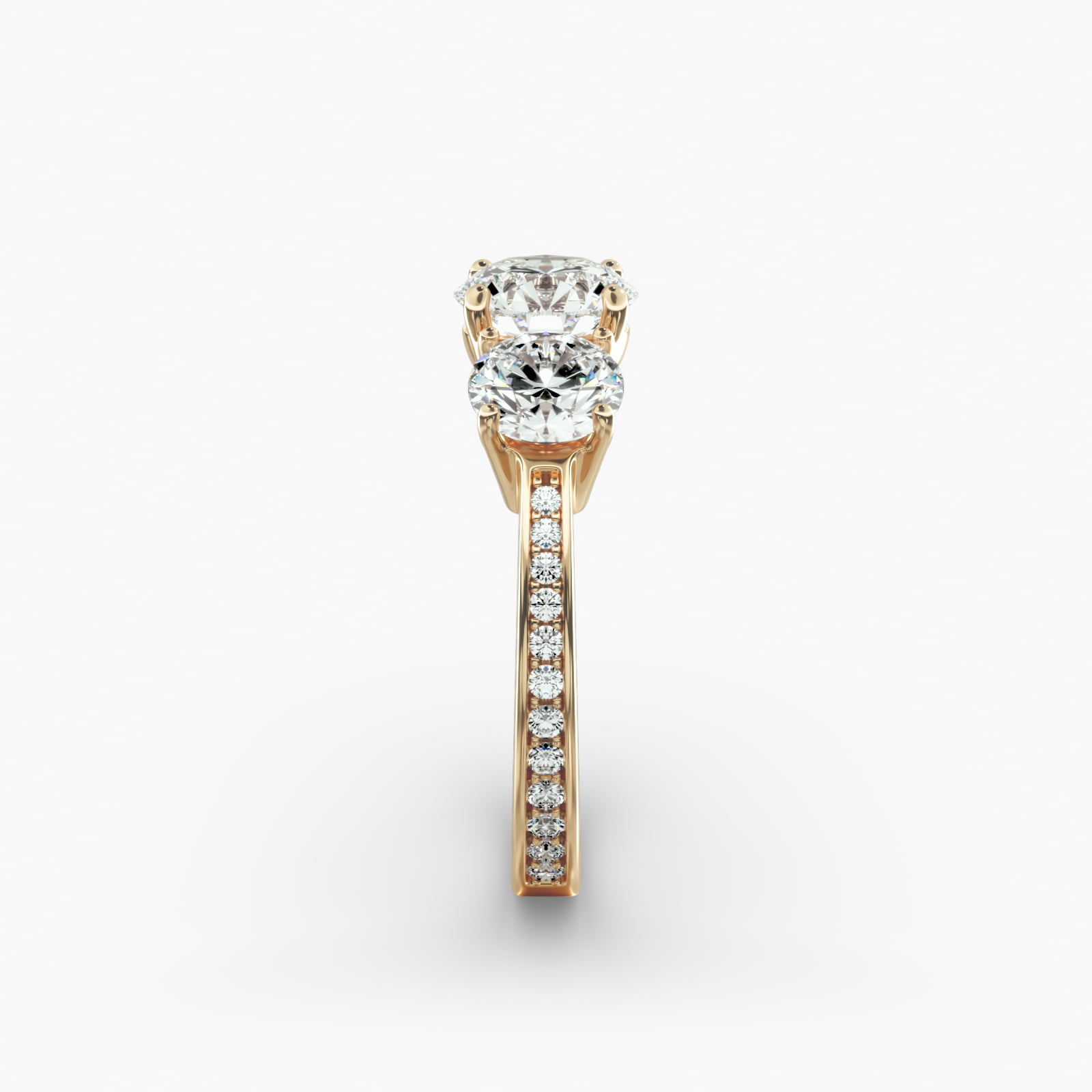 Round Diamond Three Stone Engagement Ring With Pavé Set Diamonds In 14K Yellow Gold