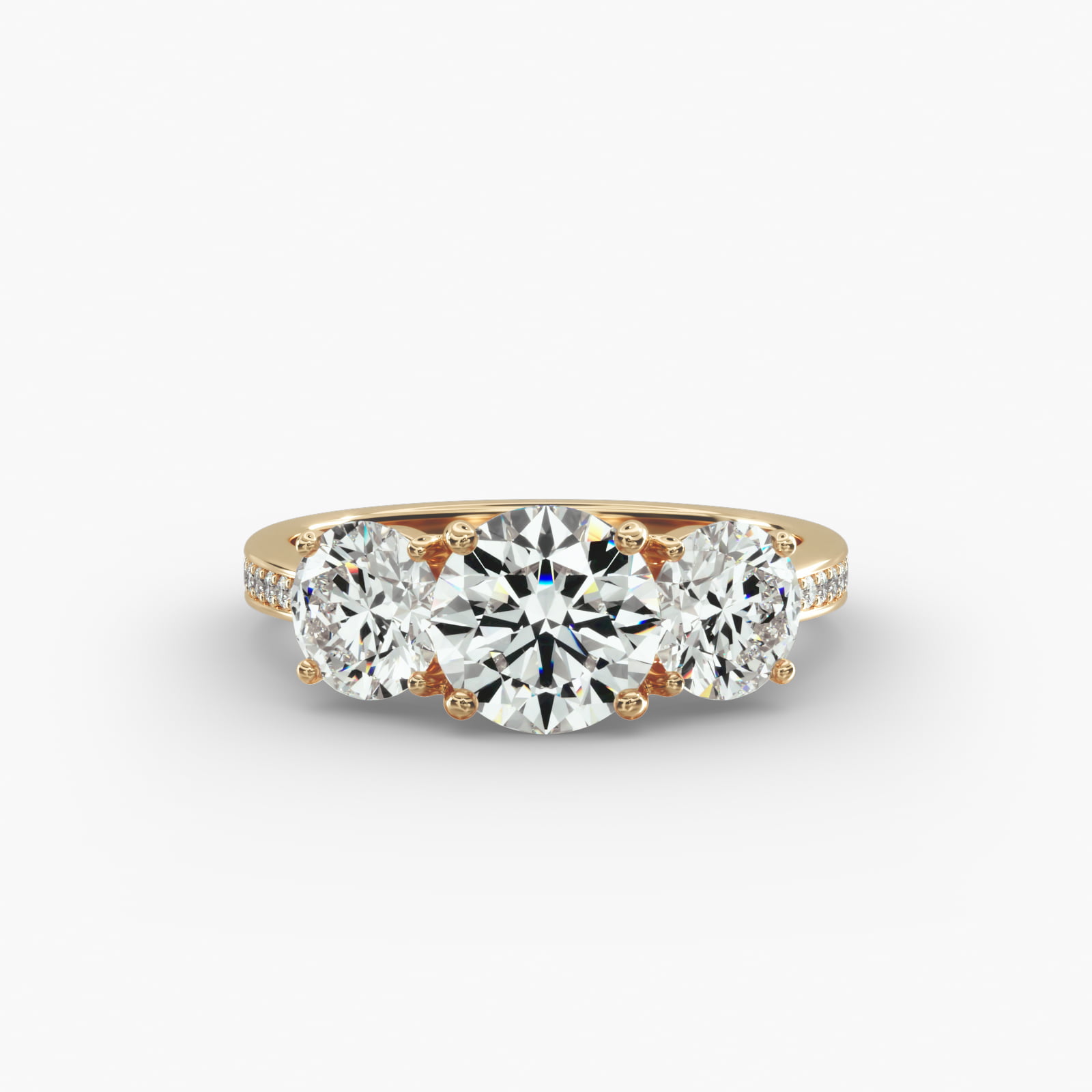 Round Diamond Three Stone Engagement Ring With Pavé Set Diamonds In 14K Yellow Gold