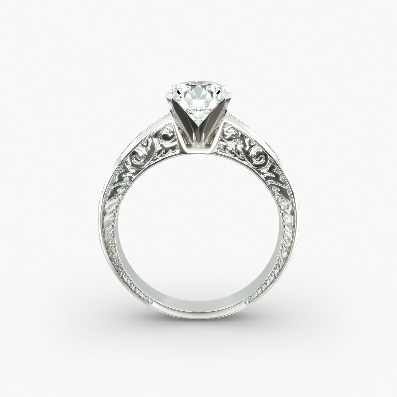 14K White Gold Engraved Princess Shaped Diamond Engagement Ring