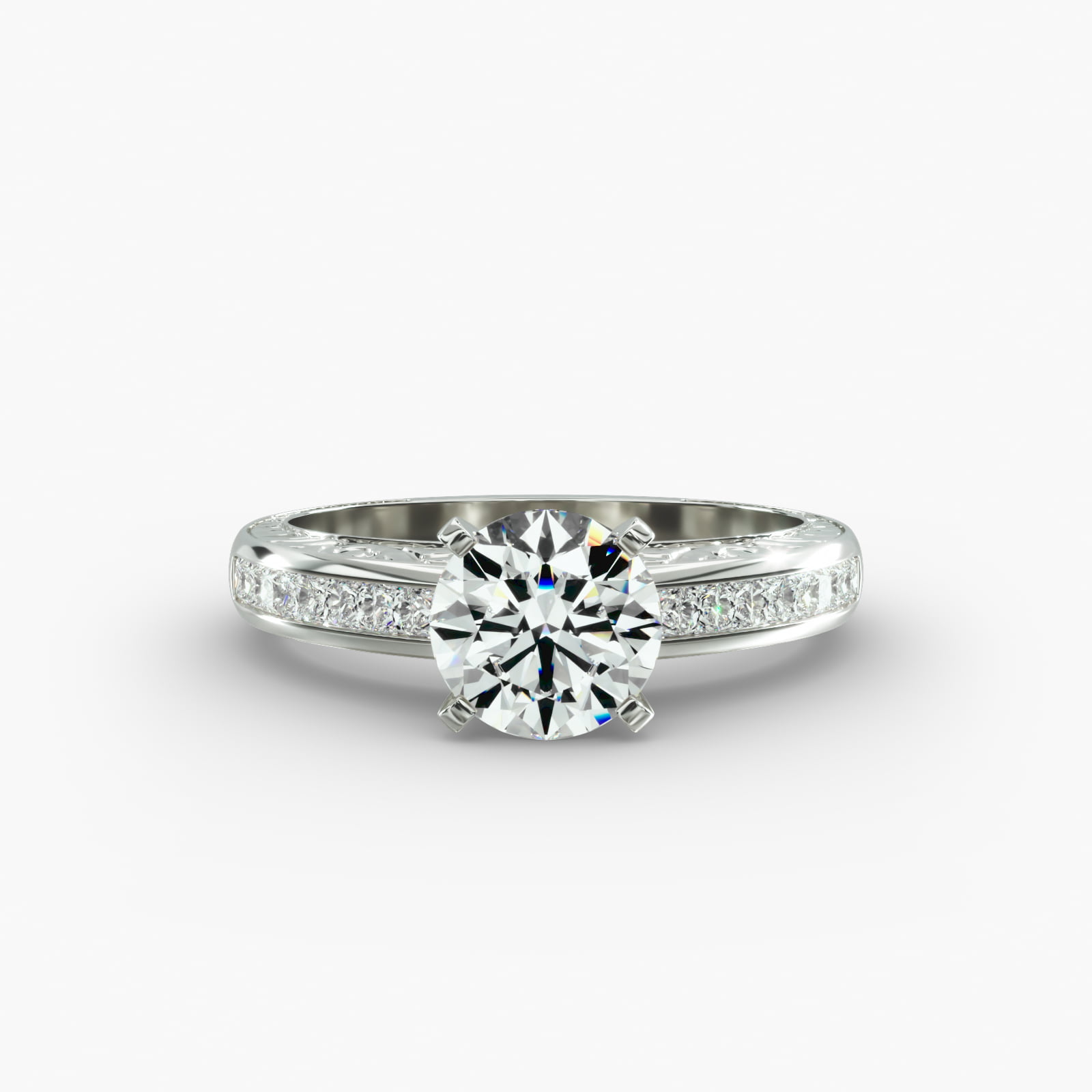 14K White Gold Engraved Princess Shaped Diamond Engagement Ring