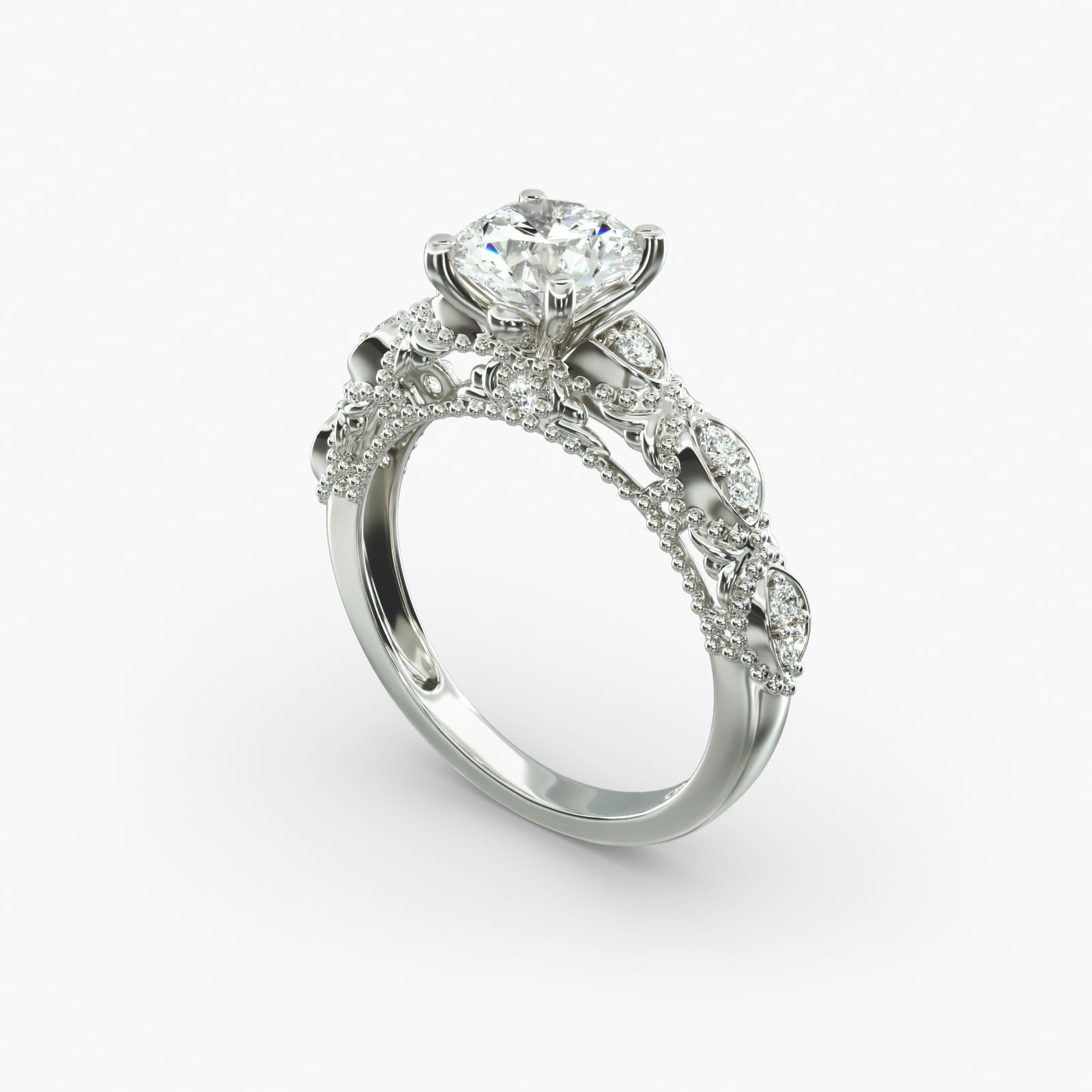 Beaded Open Span Vintage-Style Engagement Ring In 14K White Gold