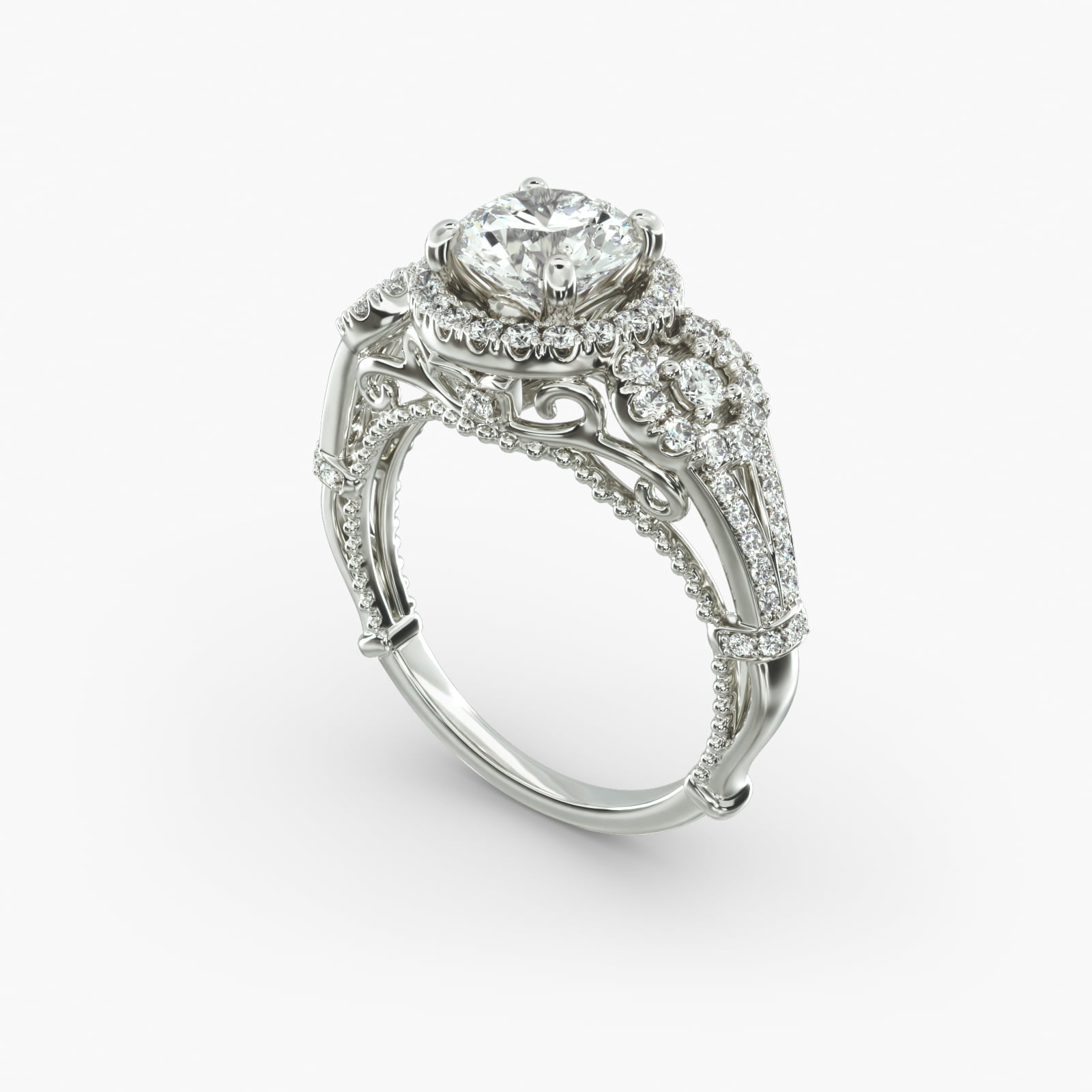 Three Stone Decorative Bridge Vintage-Style Engagement Ring In 18K White  Gold, image size:1600x1600