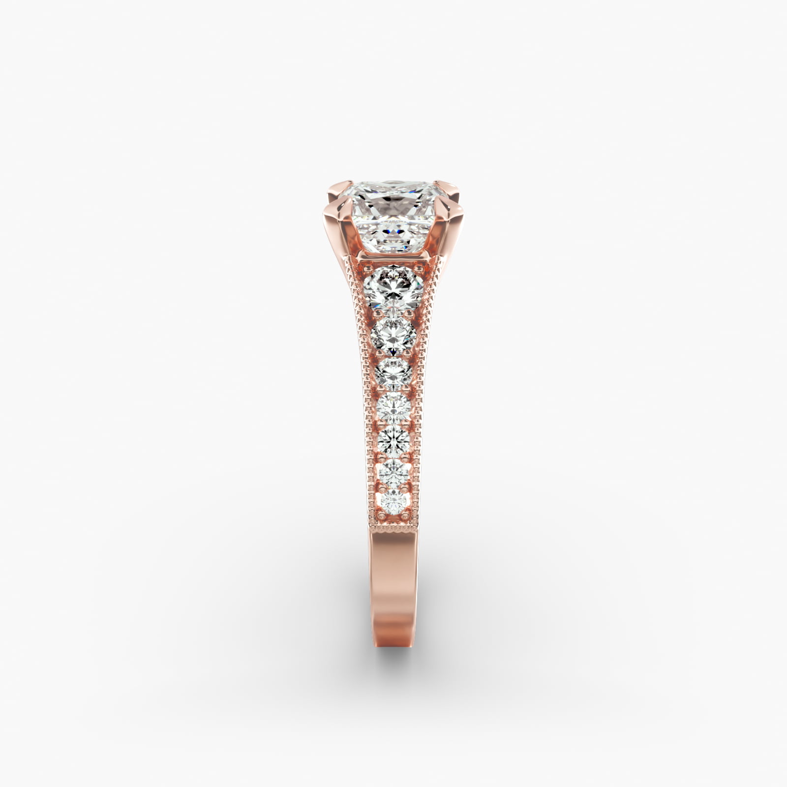 Reverse Taper Milgrain Diamond Pavé Engagement Ring In 14K Rose Gold