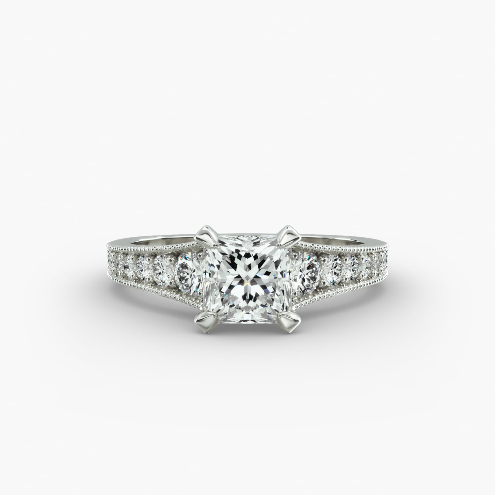 Reverse Taper Milgrain Diamond Pavé Engagement Ring In 14K White Gold