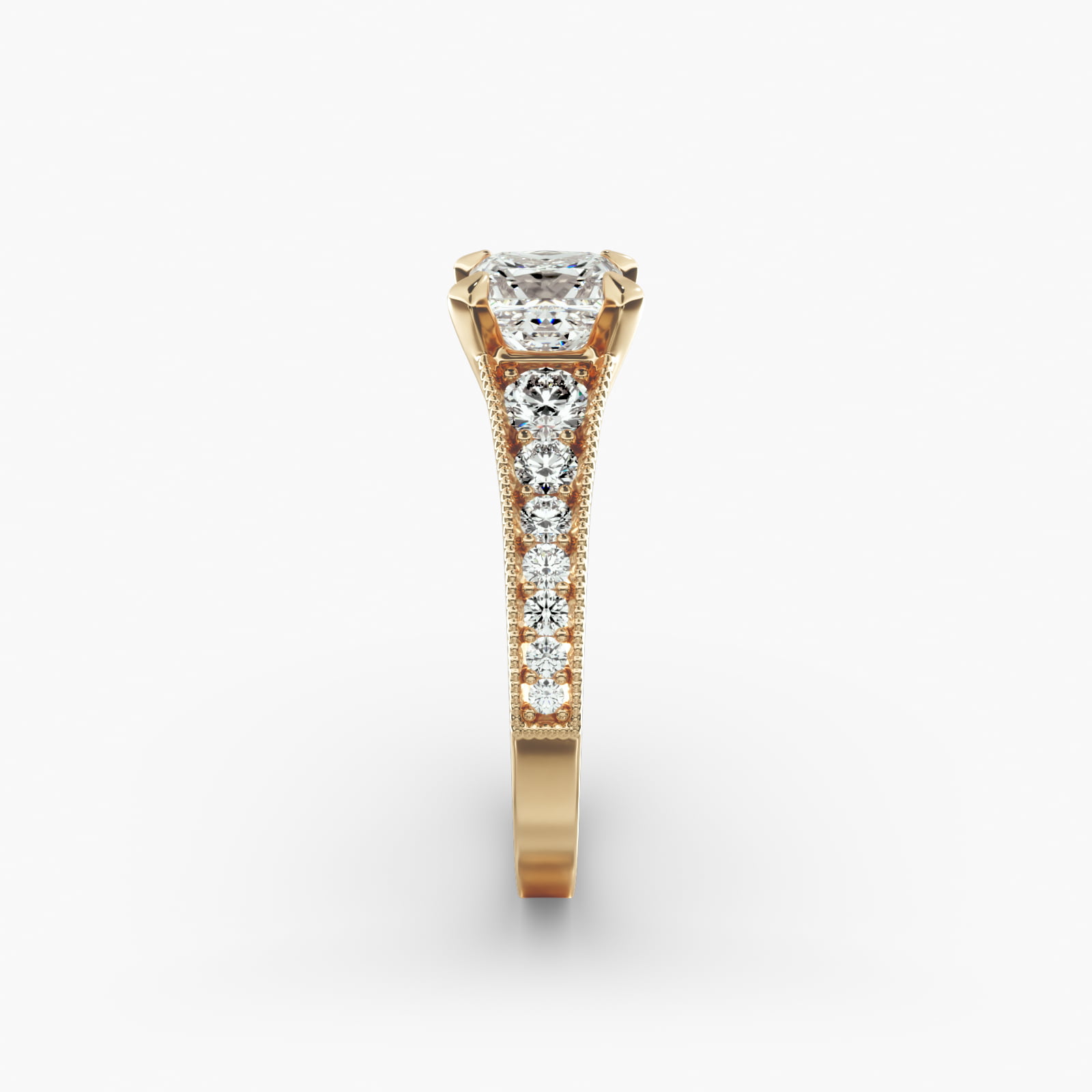 Reverse Taper Milgrain Diamond Pavé Engagement Ring In 18K Yellow Gold