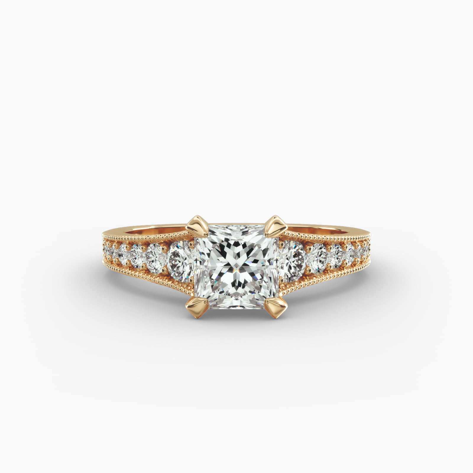 Reverse Taper Milgrain Diamond Pavé Engagement Ring In 18K Yellow Gold