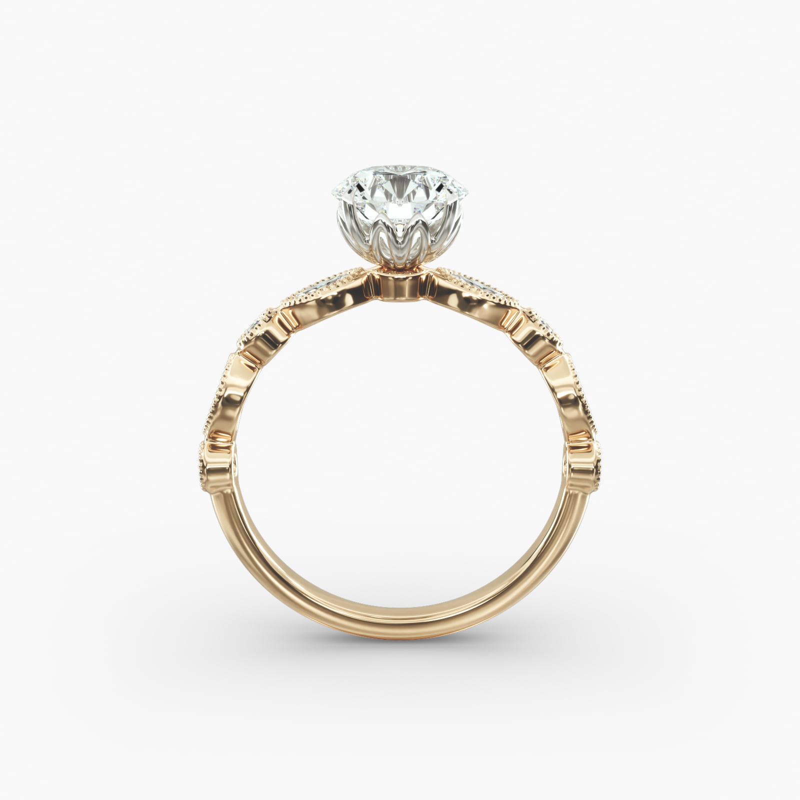Round and Marquise Cut Side Stone Diamond Engagement Ring In 14K Yellow Gold