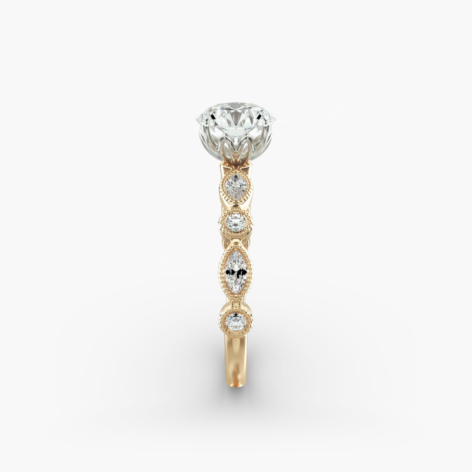 Round and Marquise Cut Side Stone Diamond Engagement Ring In 14K Yellow Gold