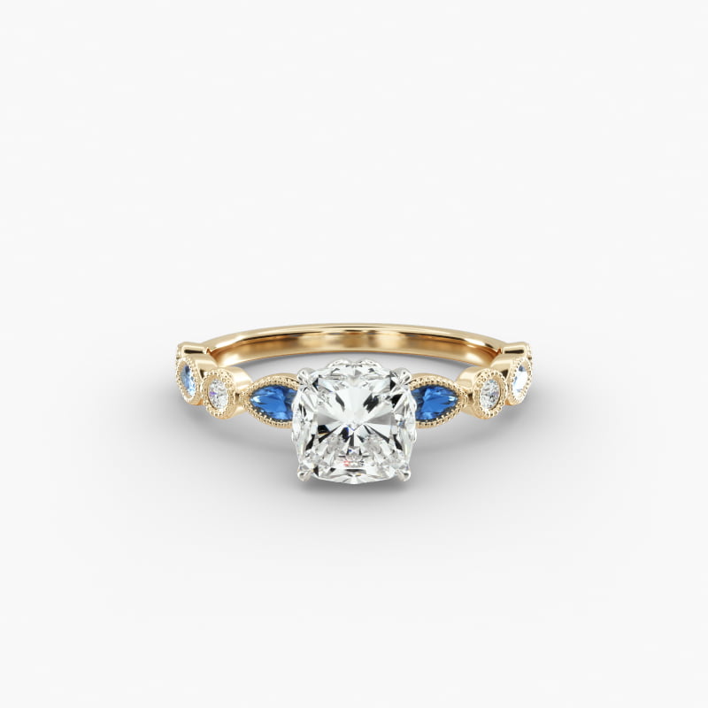 Vintage Round Diamond and Marquise Sapphire Side Stone Engagement Ring In 14K Yellow Gold