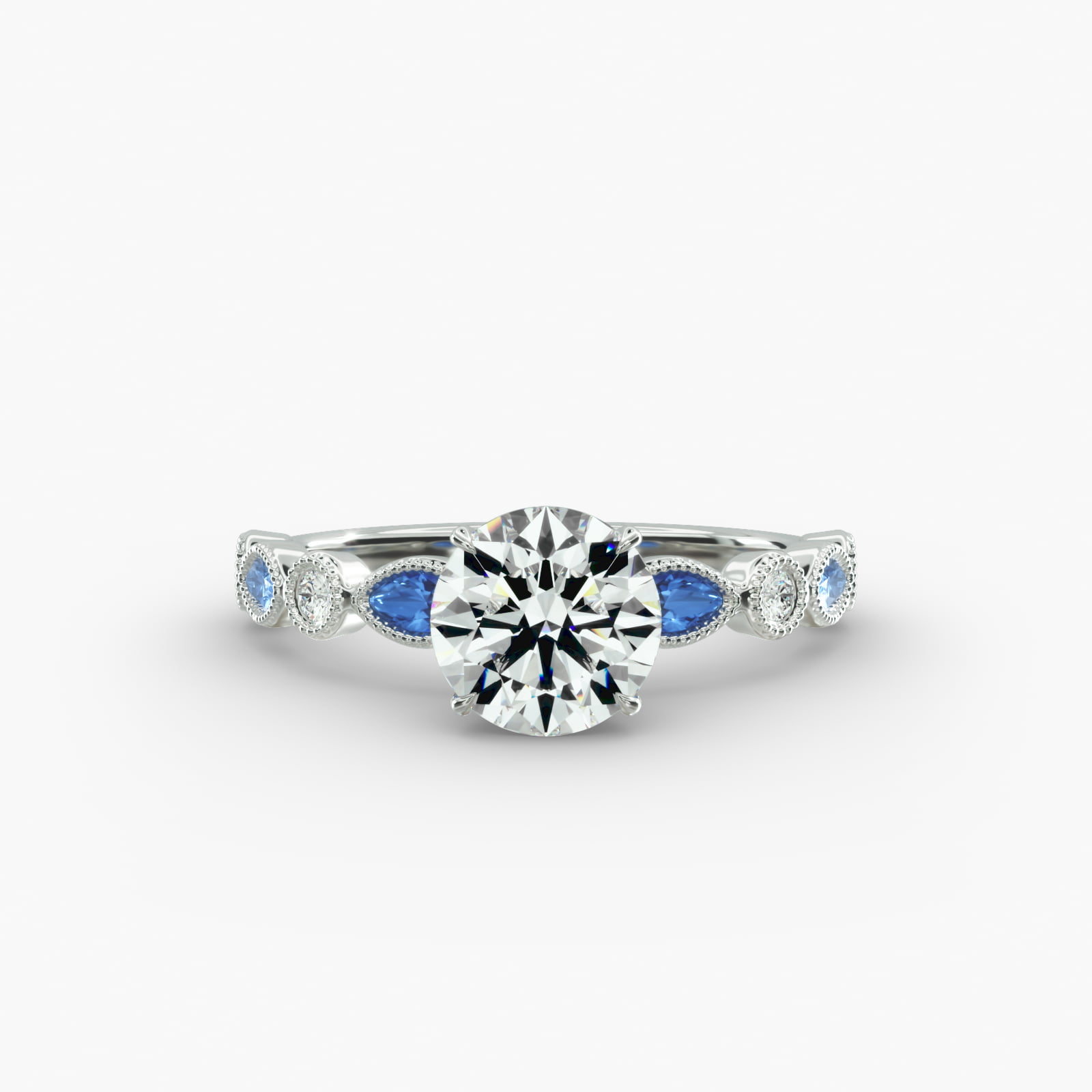 Vintage Round Diamond and Marquise Sapphire Side Stone Engagement Ring In Platinum