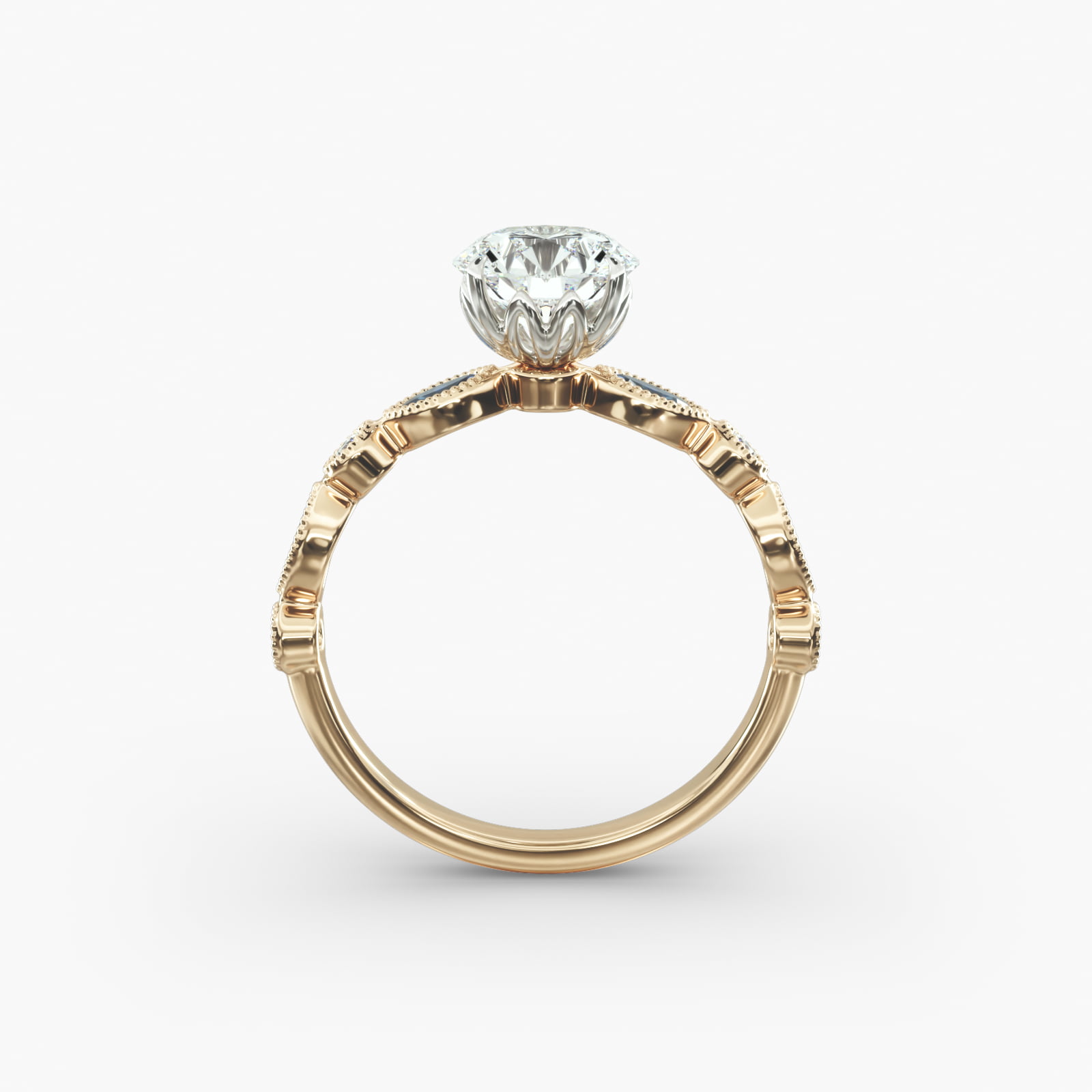 Vintage Round Diamond and Marquise Sapphire Side Stone Engagement Ring In 14K Yellow Gold