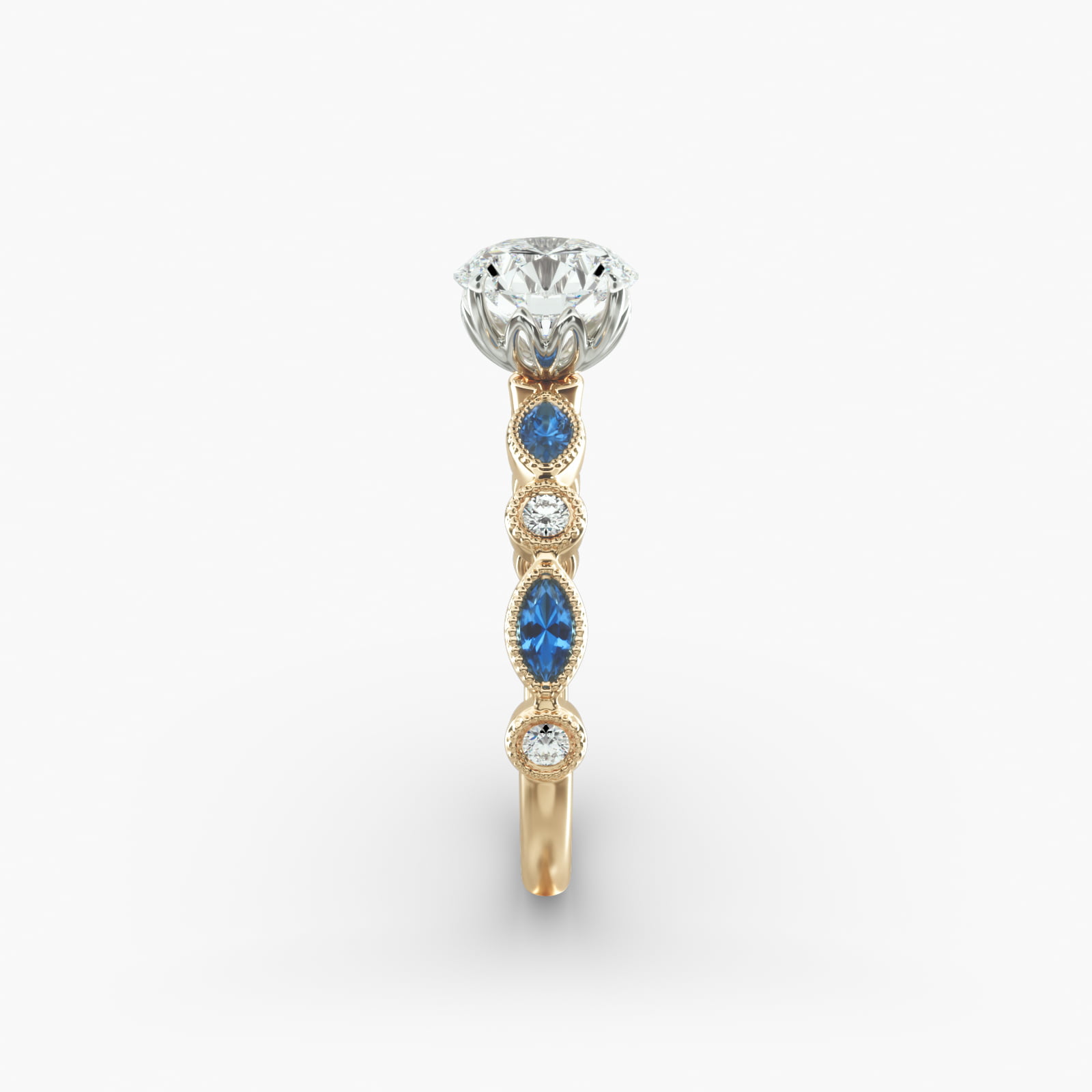 Vintage Round Diamond and Marquise Sapphire Side Stone Engagement Ring In 14K Yellow Gold