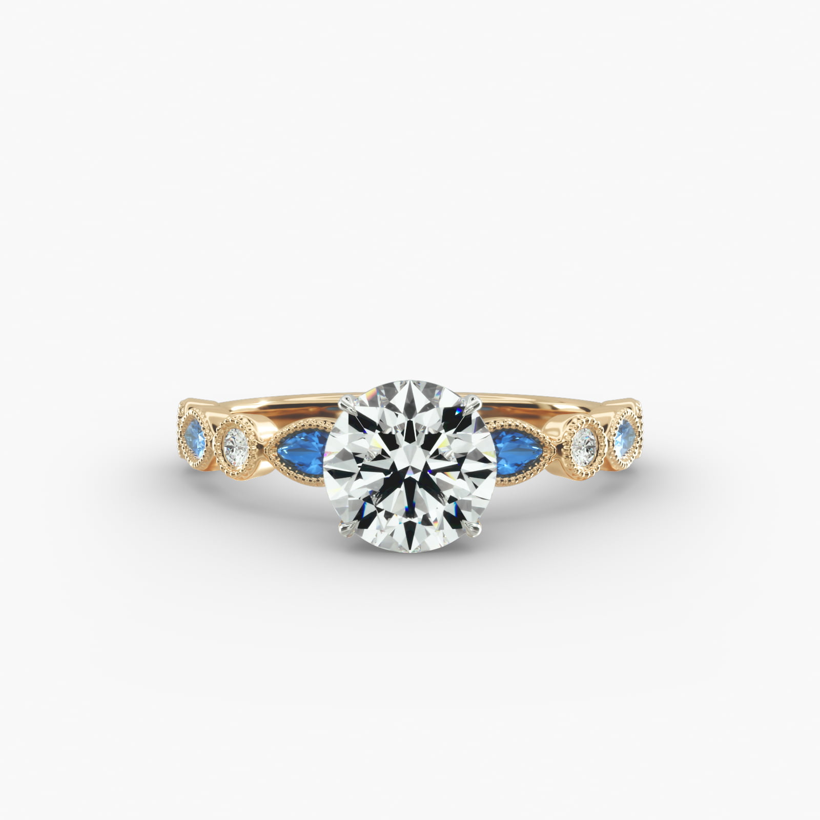 Vintage Round Diamond and Marquise Sapphire Side Stone Engagement Ring In 14K Yellow Gold