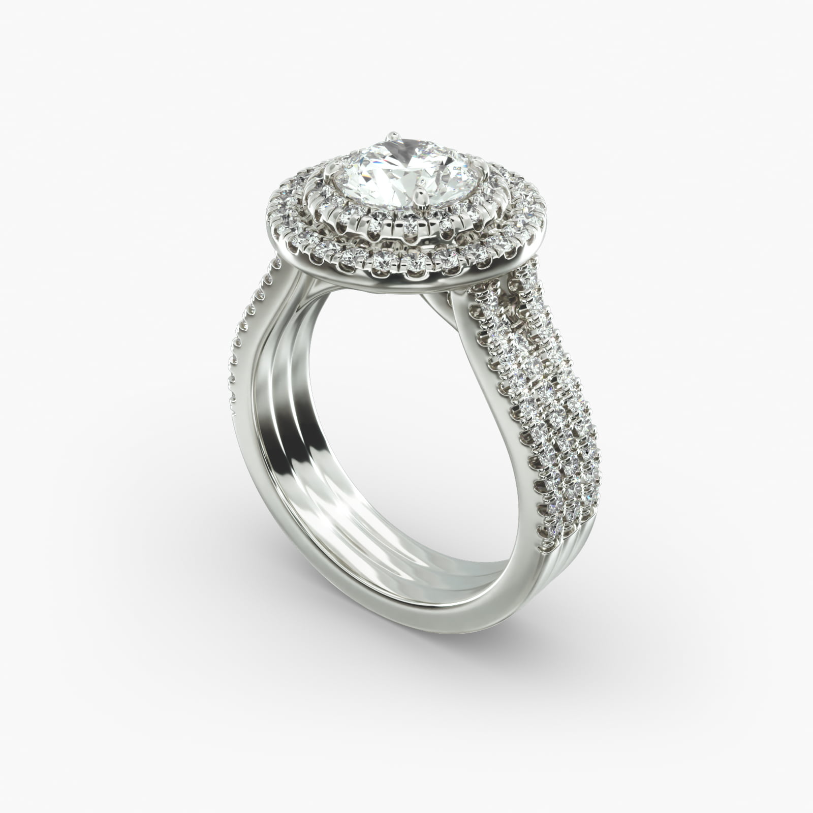 14K White Gold Triple Row Pavé Halo Engagement Ring-17084w14 - Main Image