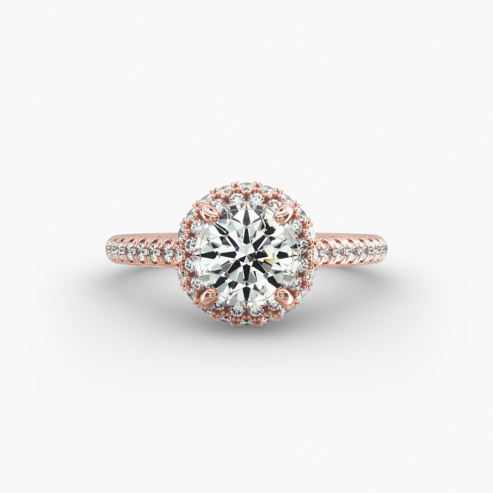 Falling Edge Pavé Diamond Halo Engagement Ring In 14K Rose Gold