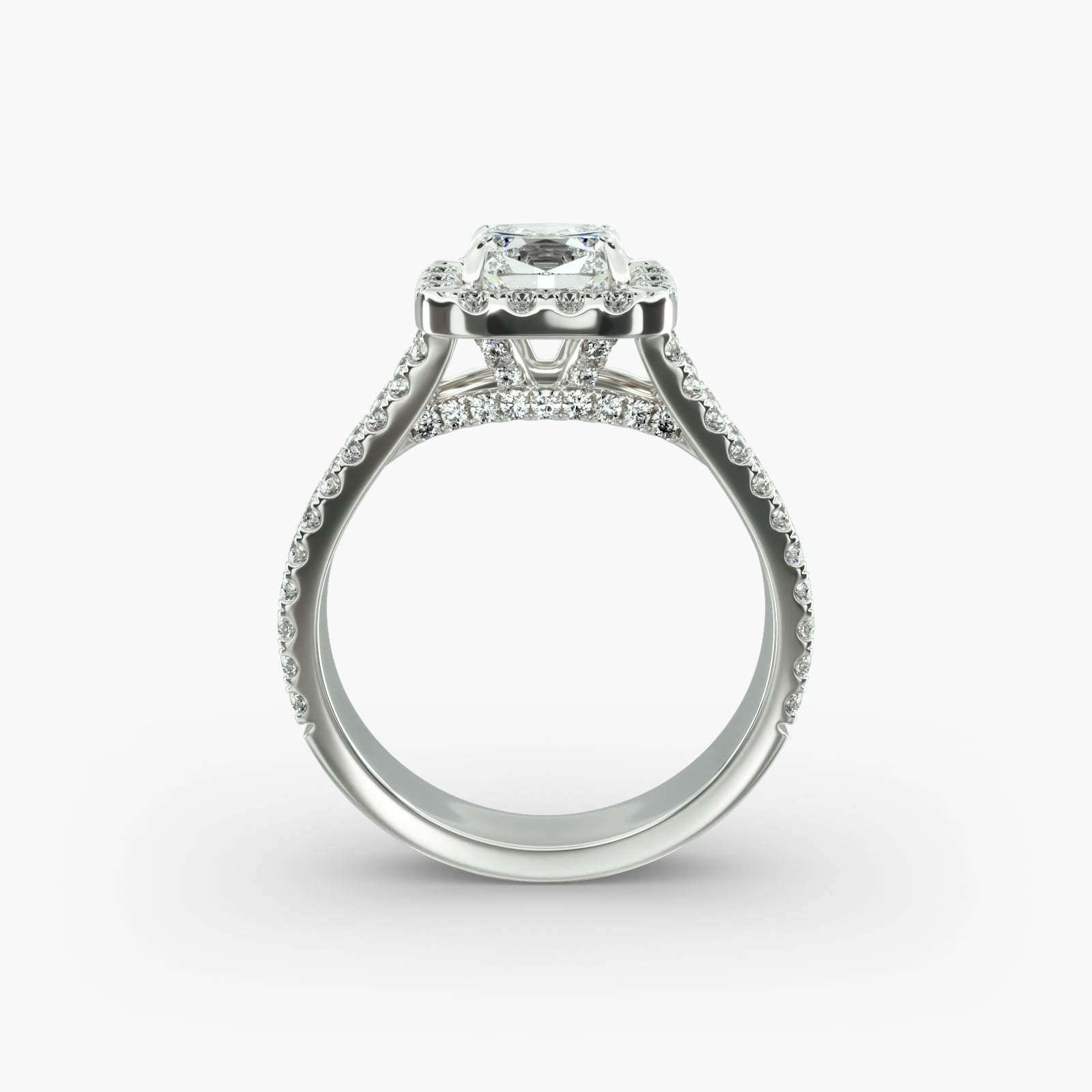 Round Split Band Diamond Halo Engagement Ring In 18K White Gold