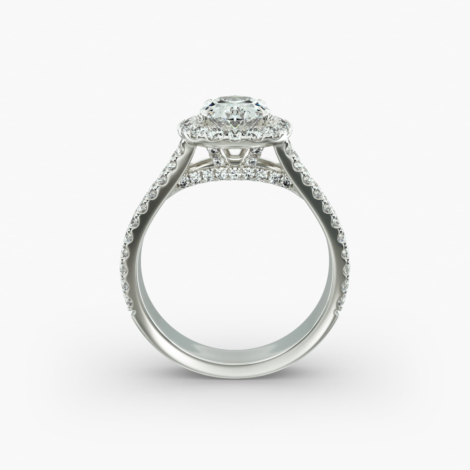 Round Split Band Diamond Halo Engagement Ring In 18K White Gold