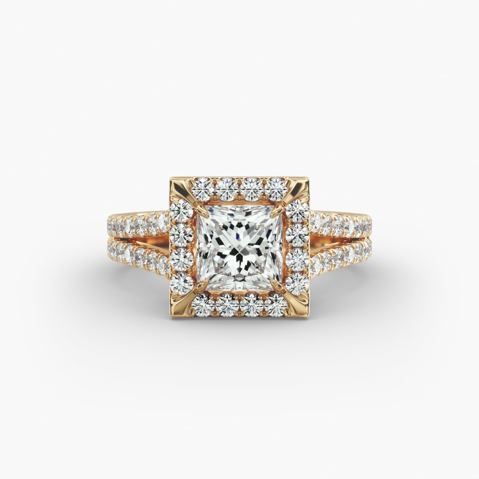 Round Split Band Diamond Halo Engagement Ring In 14K Yellow Gold