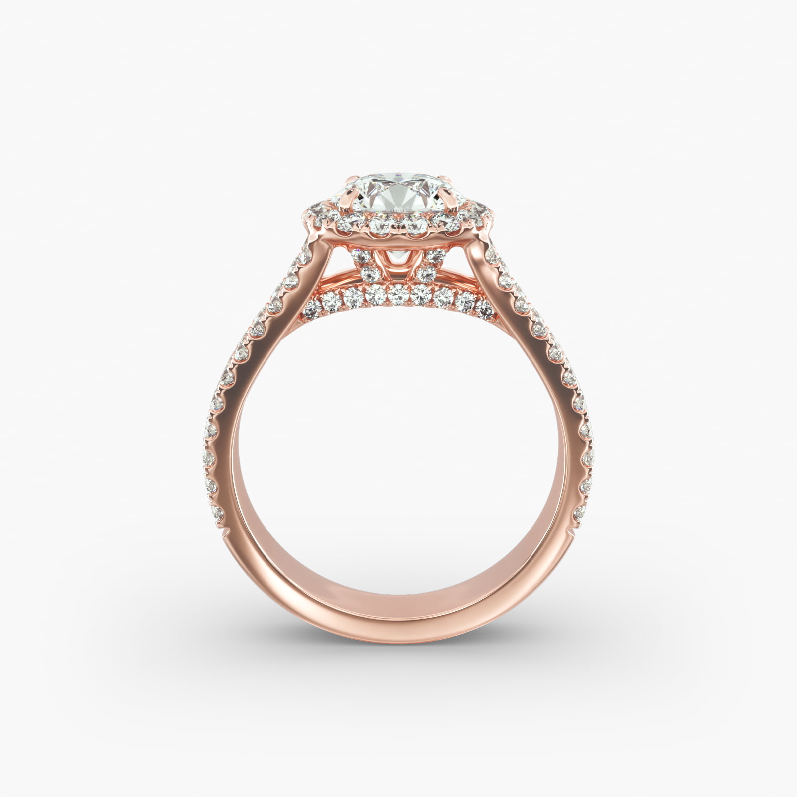 Round Split Band Diamond Halo Engagement Ring In 14K Rose Gold