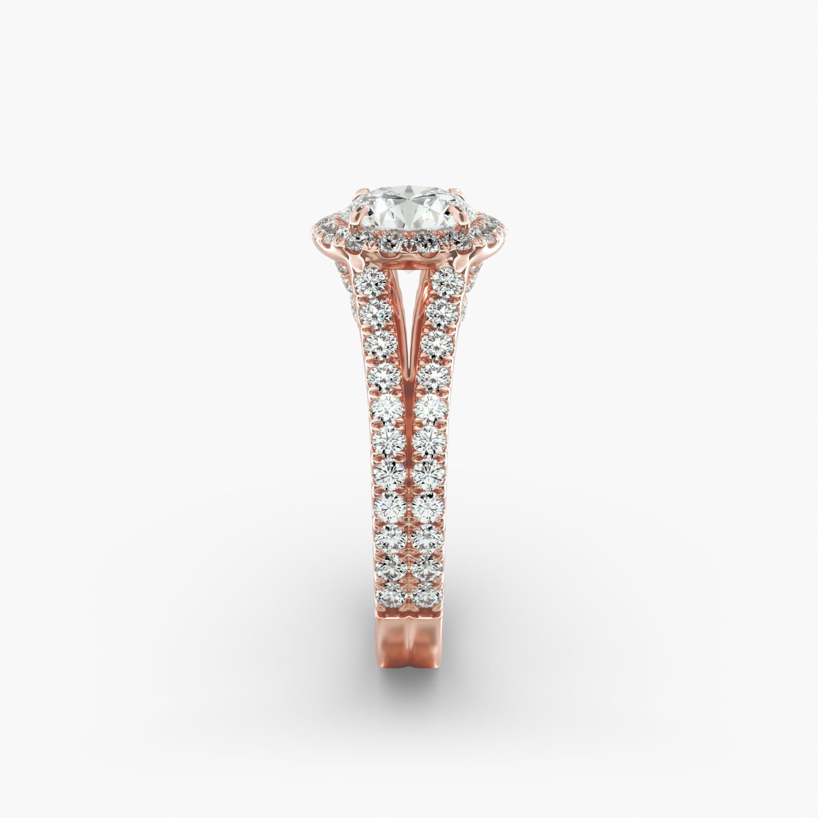 Round Split Band Diamond Halo Engagement Ring In 14K Rose Gold