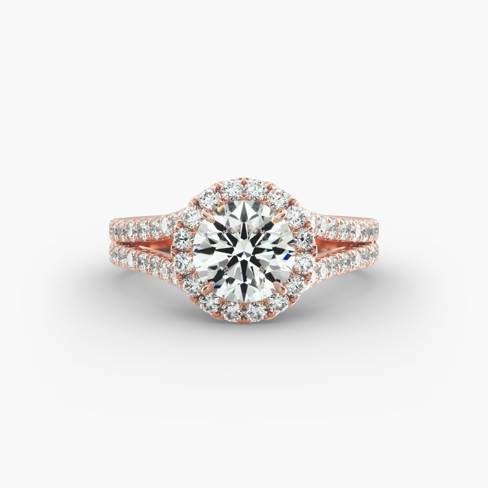 Round Split Band Diamond Halo Engagement Ring In 14K Rose Gold