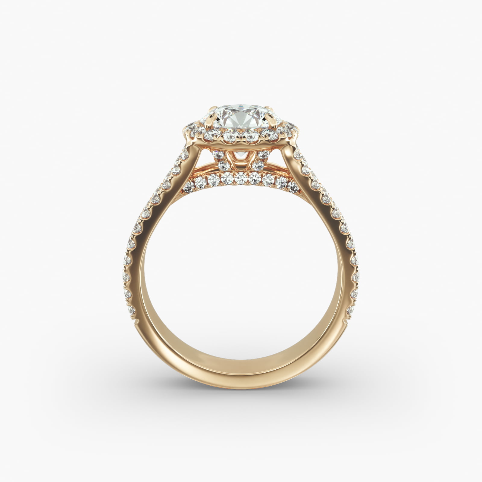 Round Split Band Diamond Halo Engagement Ring In 18K Yellow Gold
