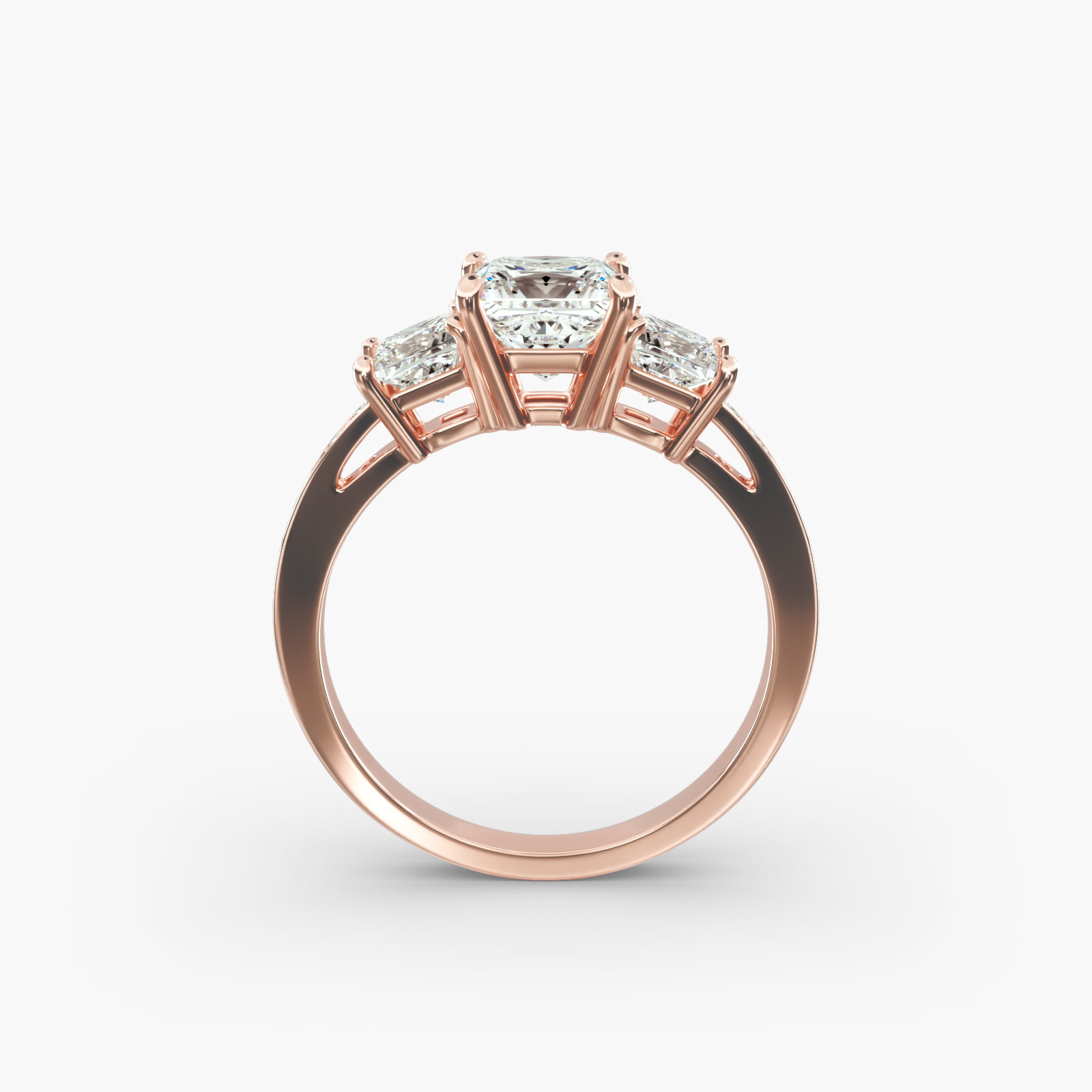 Princess Cut Diamond Three Stone Engagement Ring With Pavé Set Diamonds In 14K Rose Gold