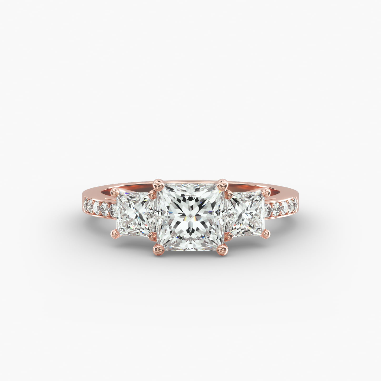 Princess Cut Diamond Three Stone Engagement Ring With Pavé Set Diamonds In 14K Rose Gold