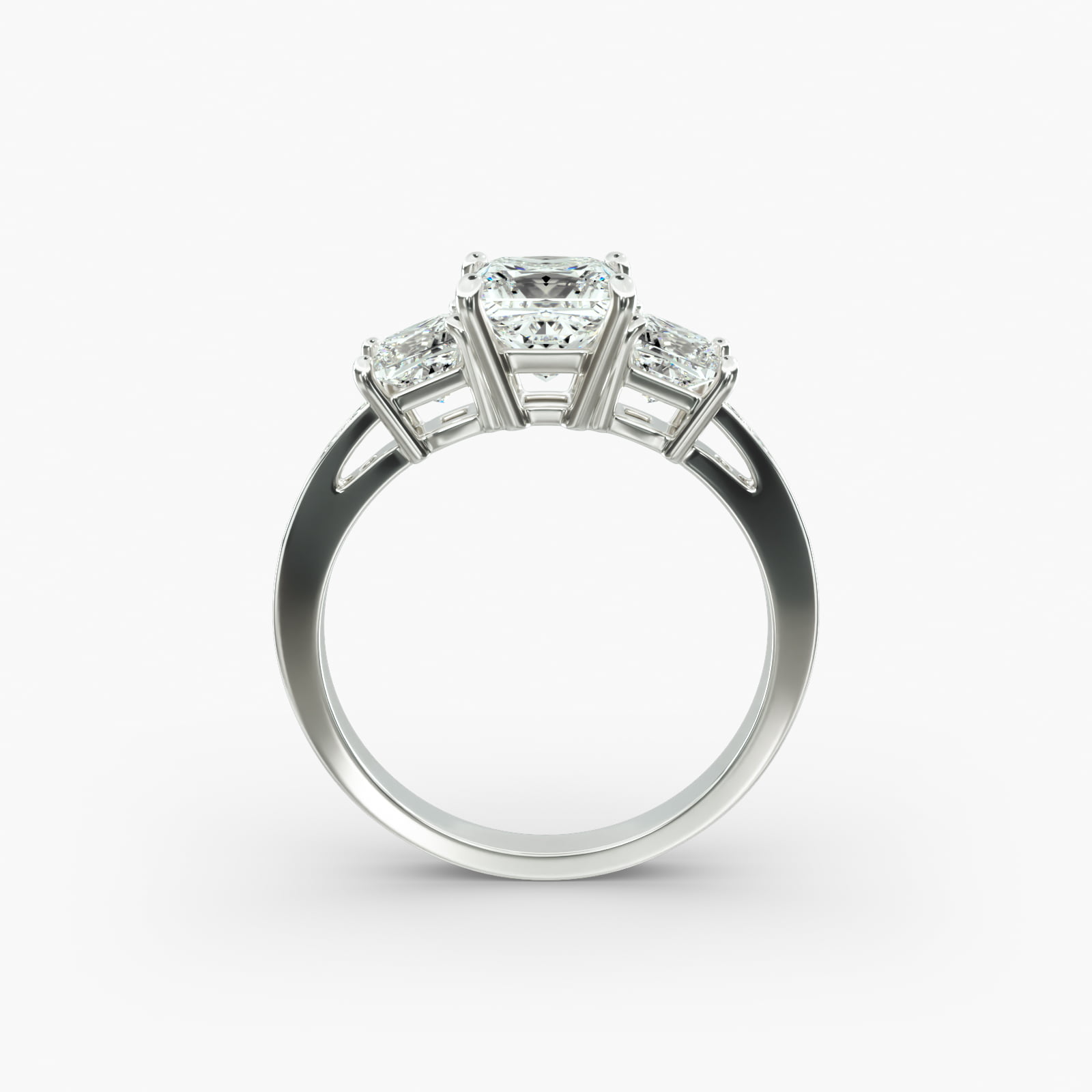 Princess Cut Diamond Three Stone Engagement Ring With Pavé Set Diamonds In 18K White Gold