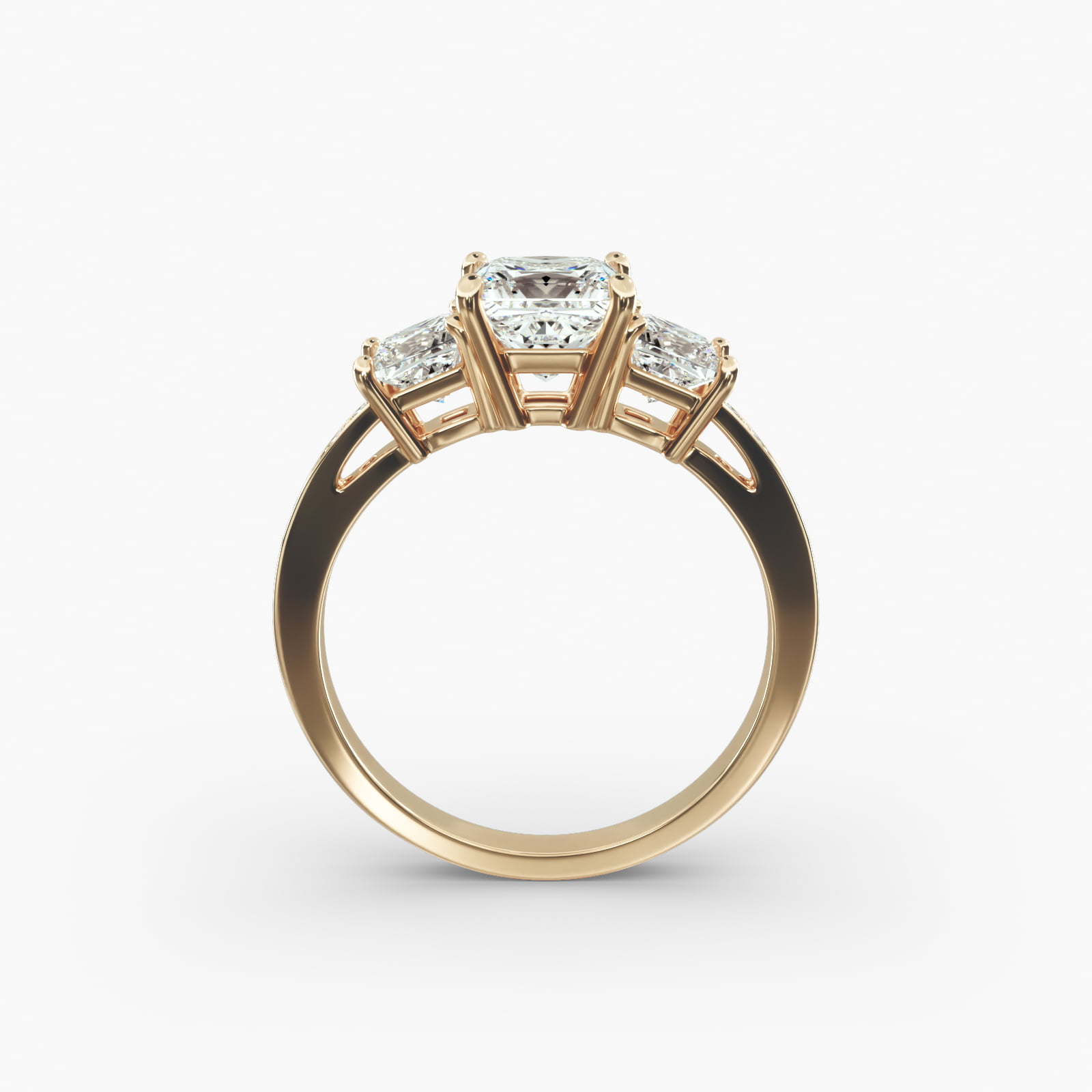 Princess Cut Diamond Three Stone Engagement Ring With Pavé Set Diamonds In 14K Yellow Gold