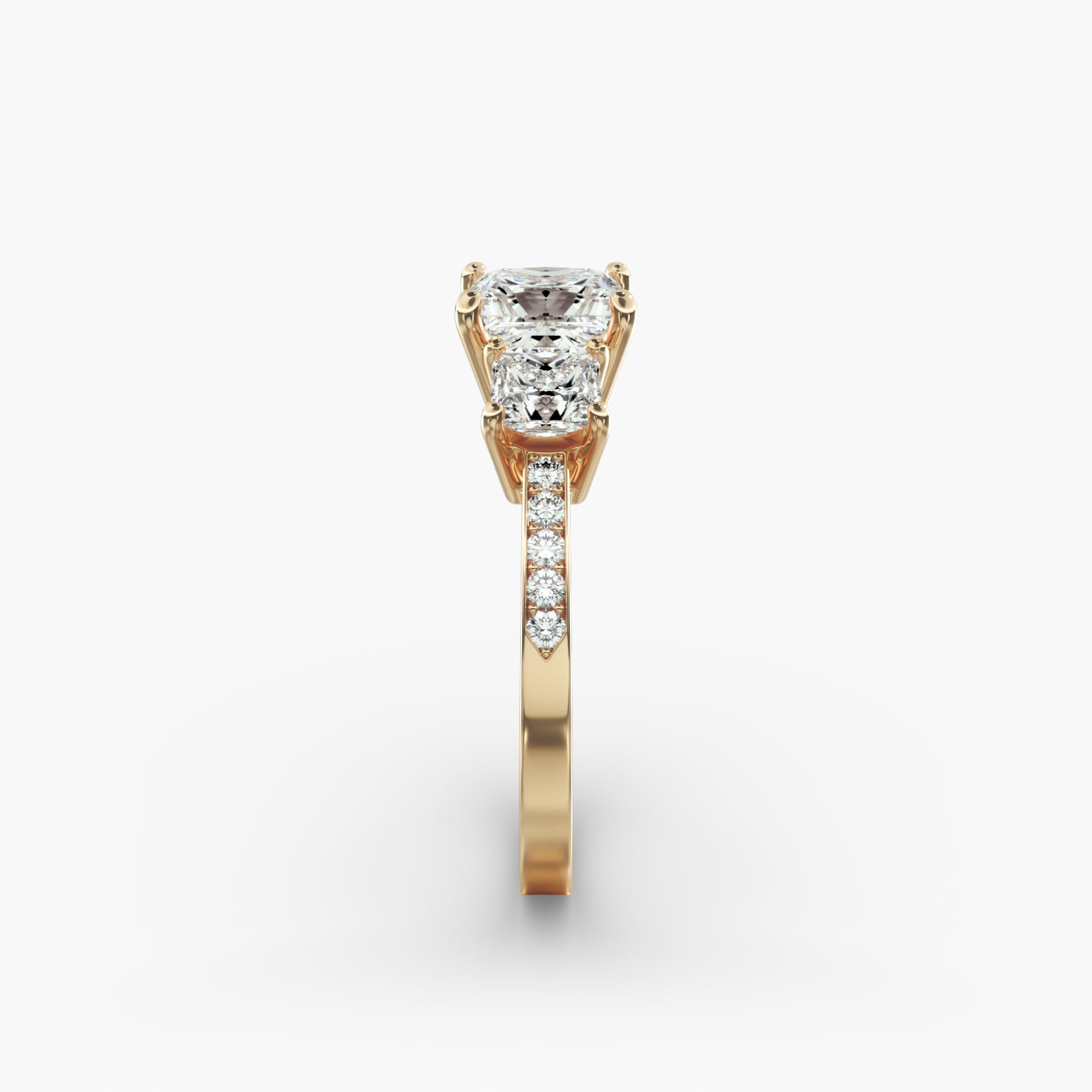 Princess Cut Diamond Three Stone Engagement Ring With Pavé Set Diamonds In 14K Yellow Gold
