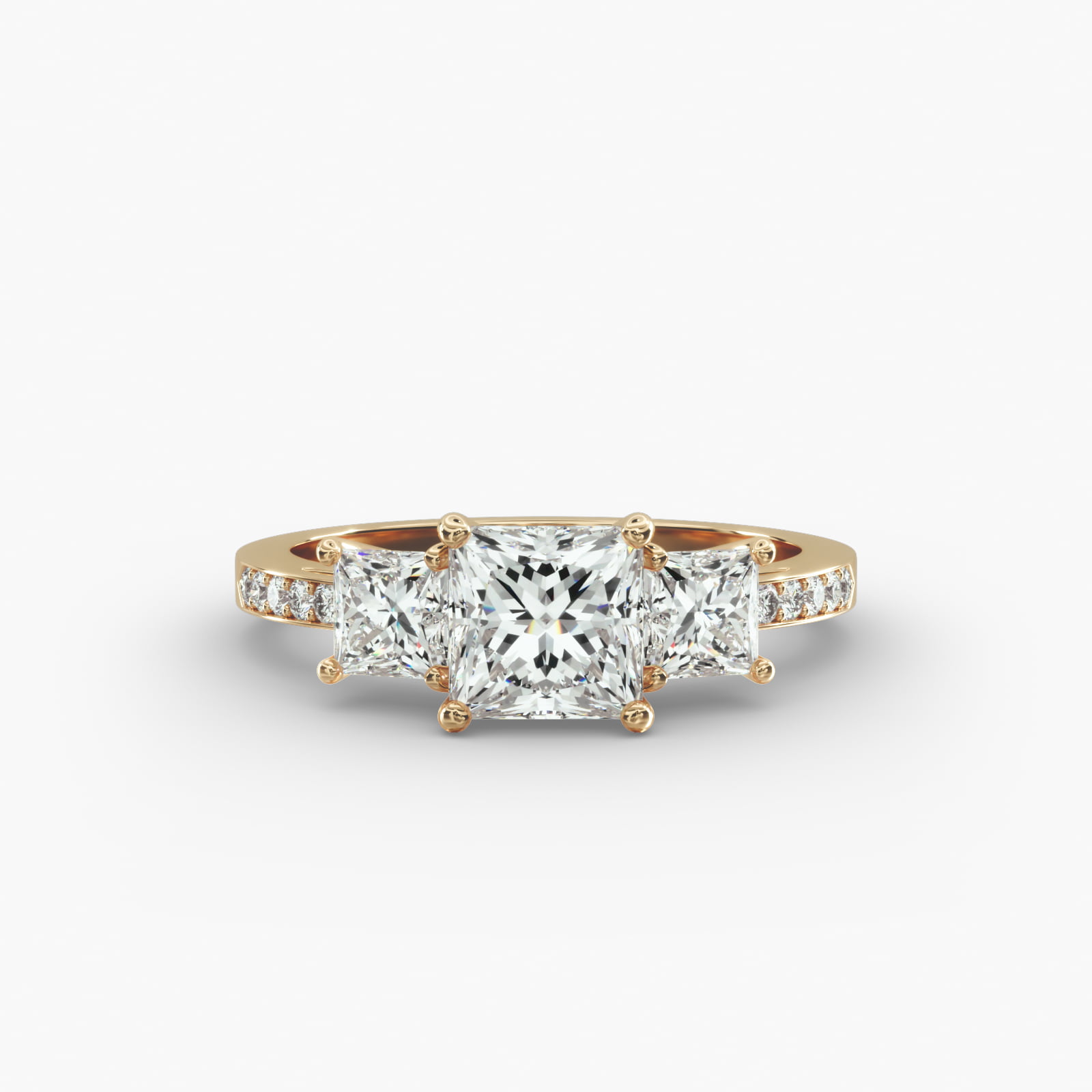 Princess Cut Diamond Three Stone Engagement Ring With Pavé Set Diamonds In 14K Yellow Gold