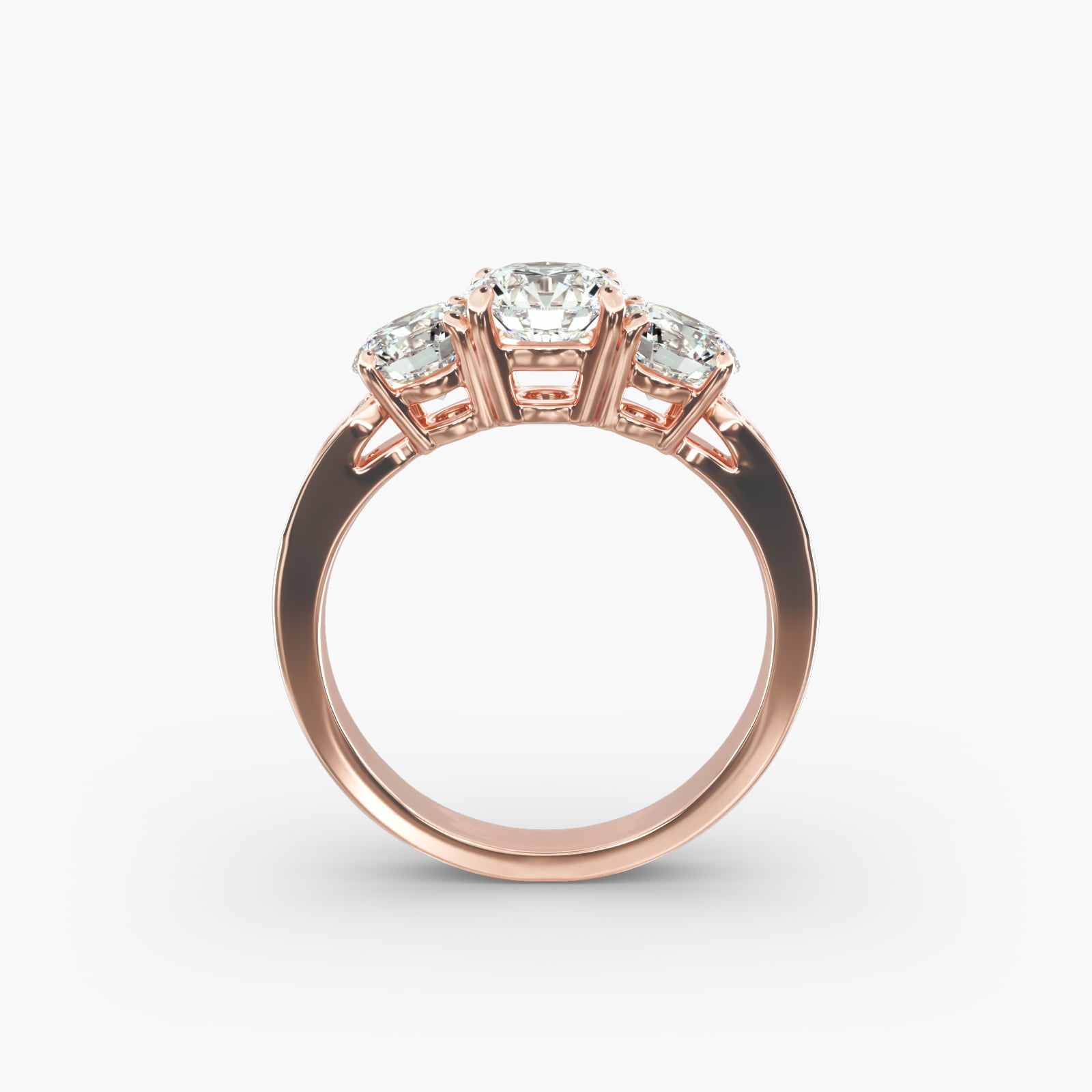 Round Diamond Three Stone Engagement Ring With Pavé Set Diamonds In 14K Rose Gold