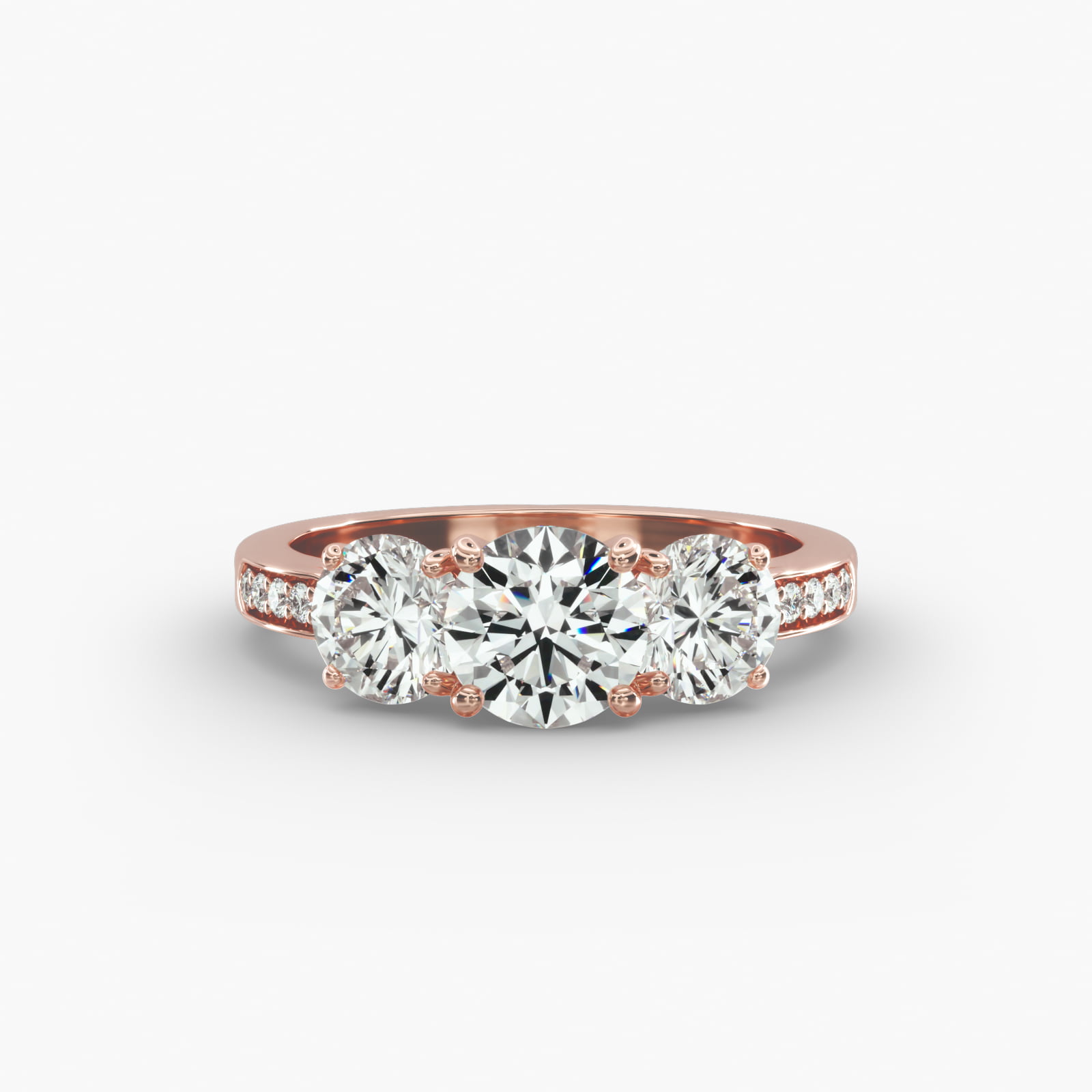 Round Diamond Three Stone Engagement Ring With Pavé Set Diamonds In 14K Rose Gold